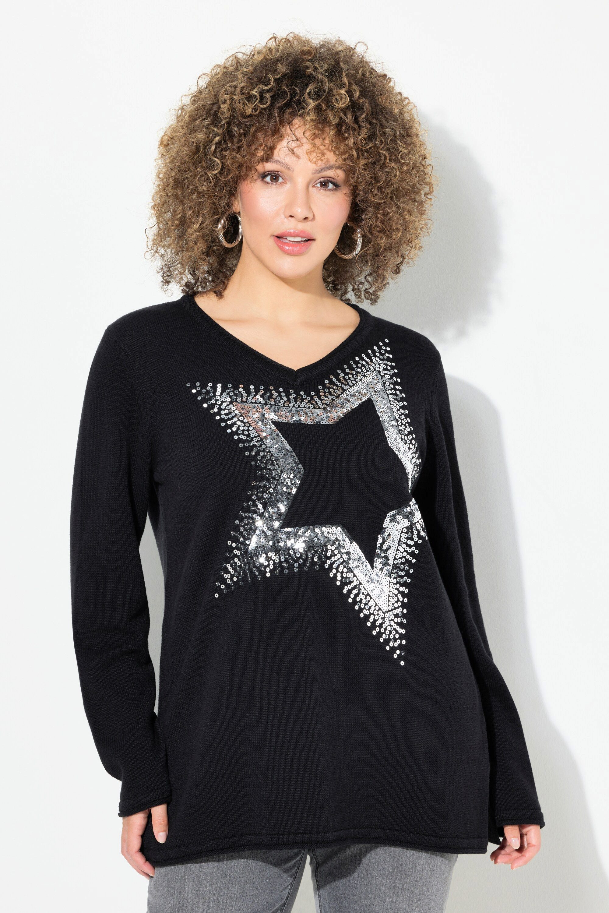 Ulla Popken Strickpullover Pullover Pailletten-Stern V-Ausschnitt günstig online kaufen