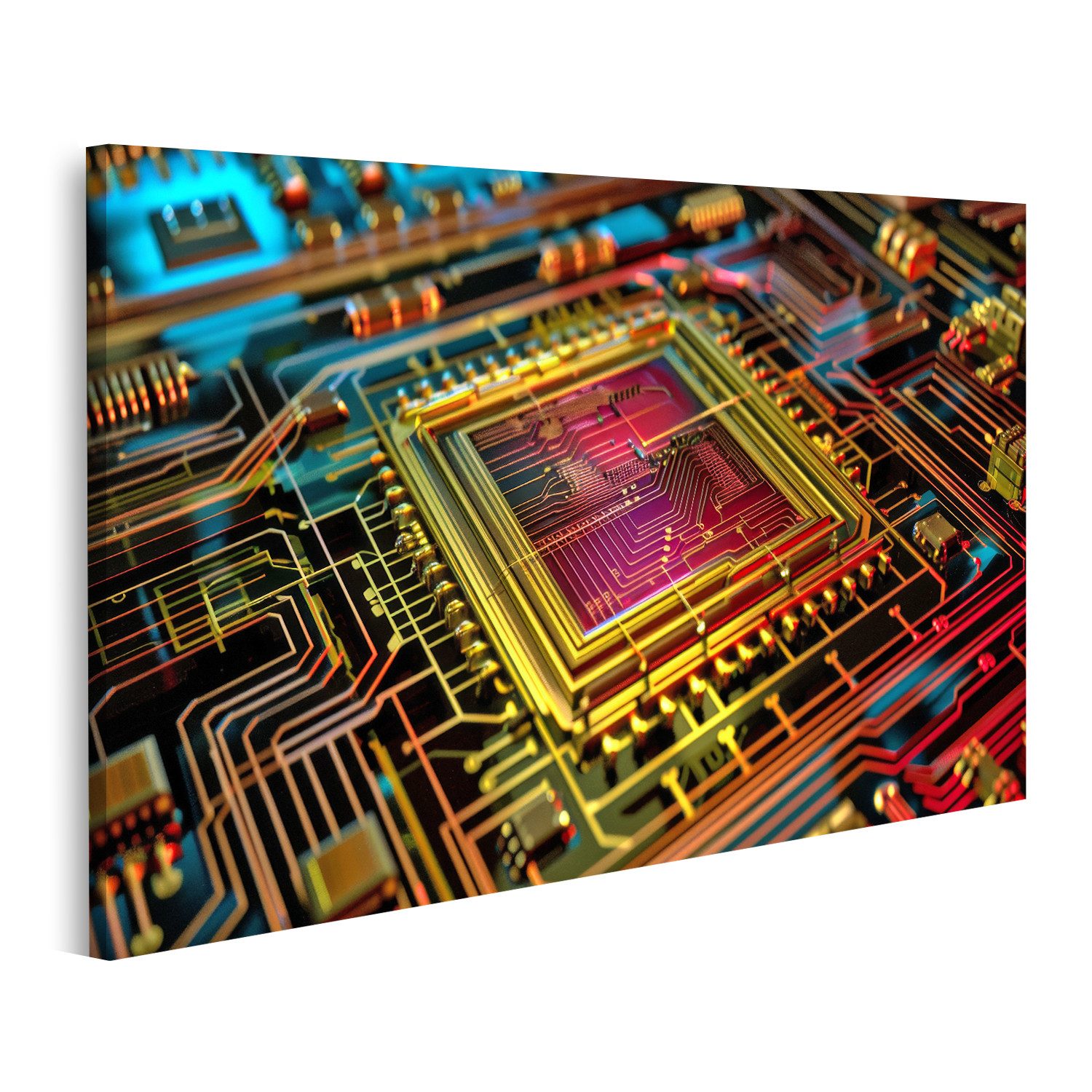 Leinwandbild Detailaufnahme: Komplexes Computer-Motherboard mit diversen Komponente