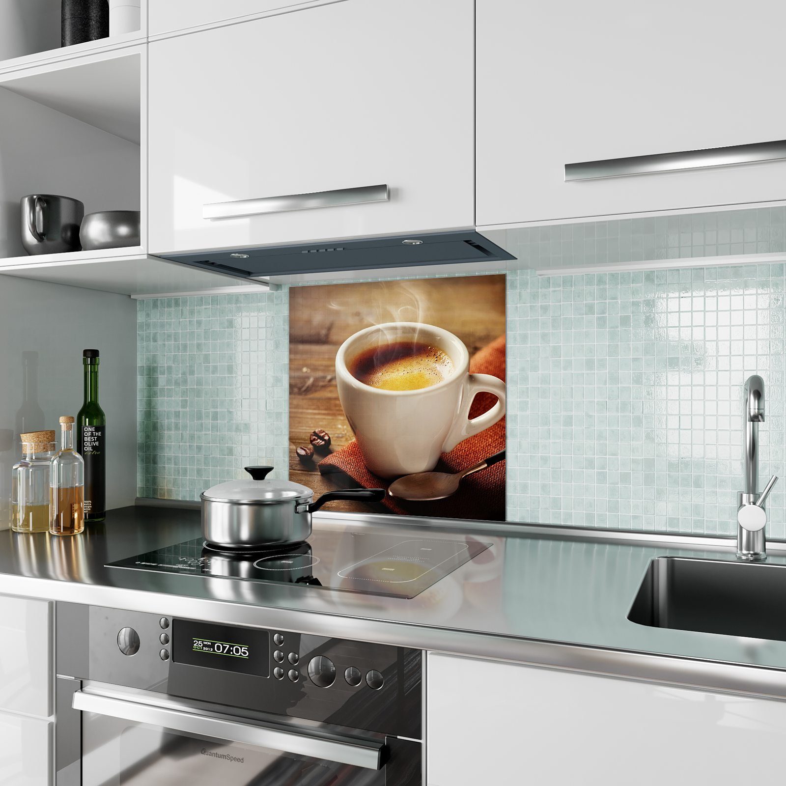 Espresso Motiv Spritzschutz Küchenrückwand Glas heiss Primedeco mit Küchenrückwand