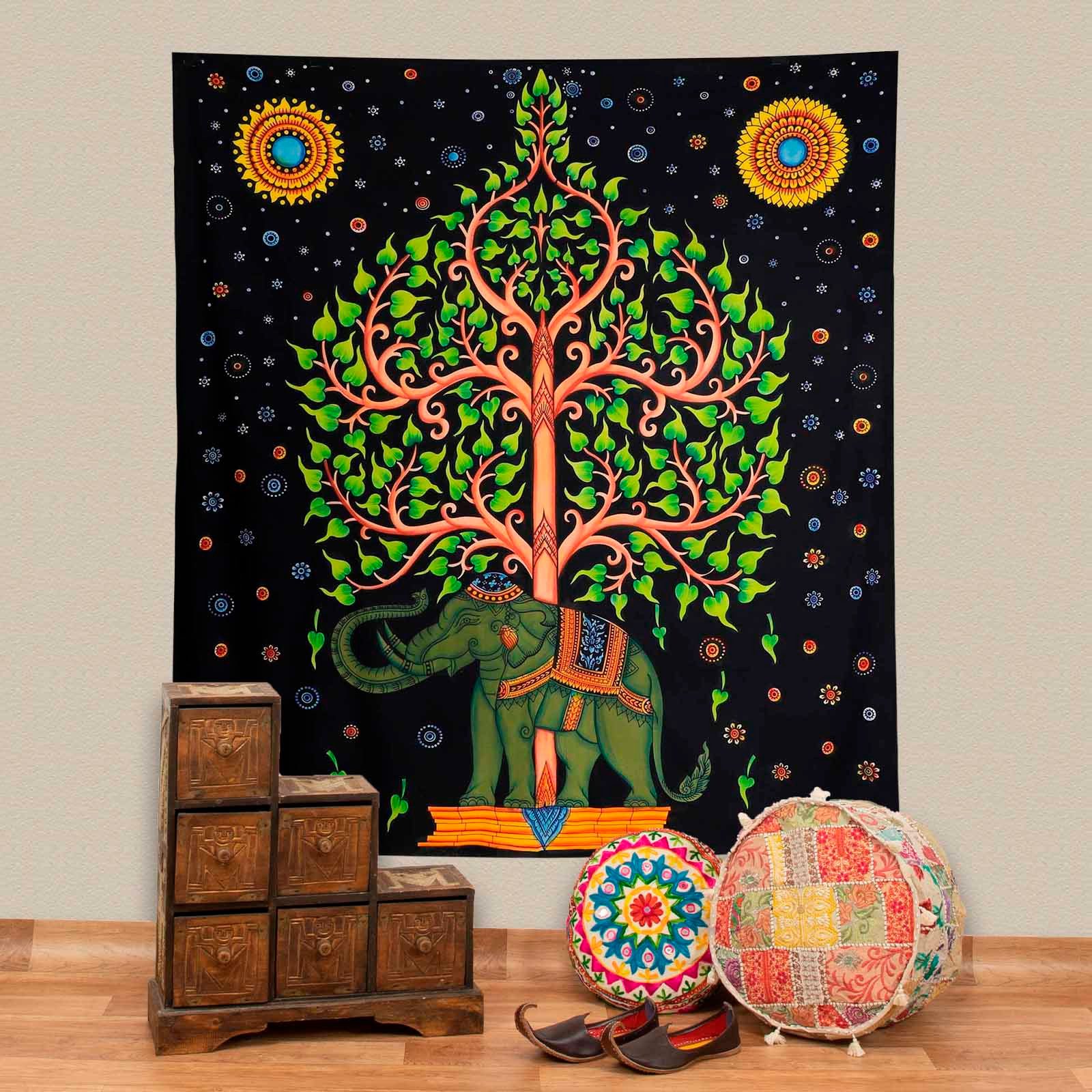 KUNST UND MAGIE Wandteppich XL Tagesdecke Wandbehang Elefant Lebensbaum UV Aktiv ca.205 x 235cm