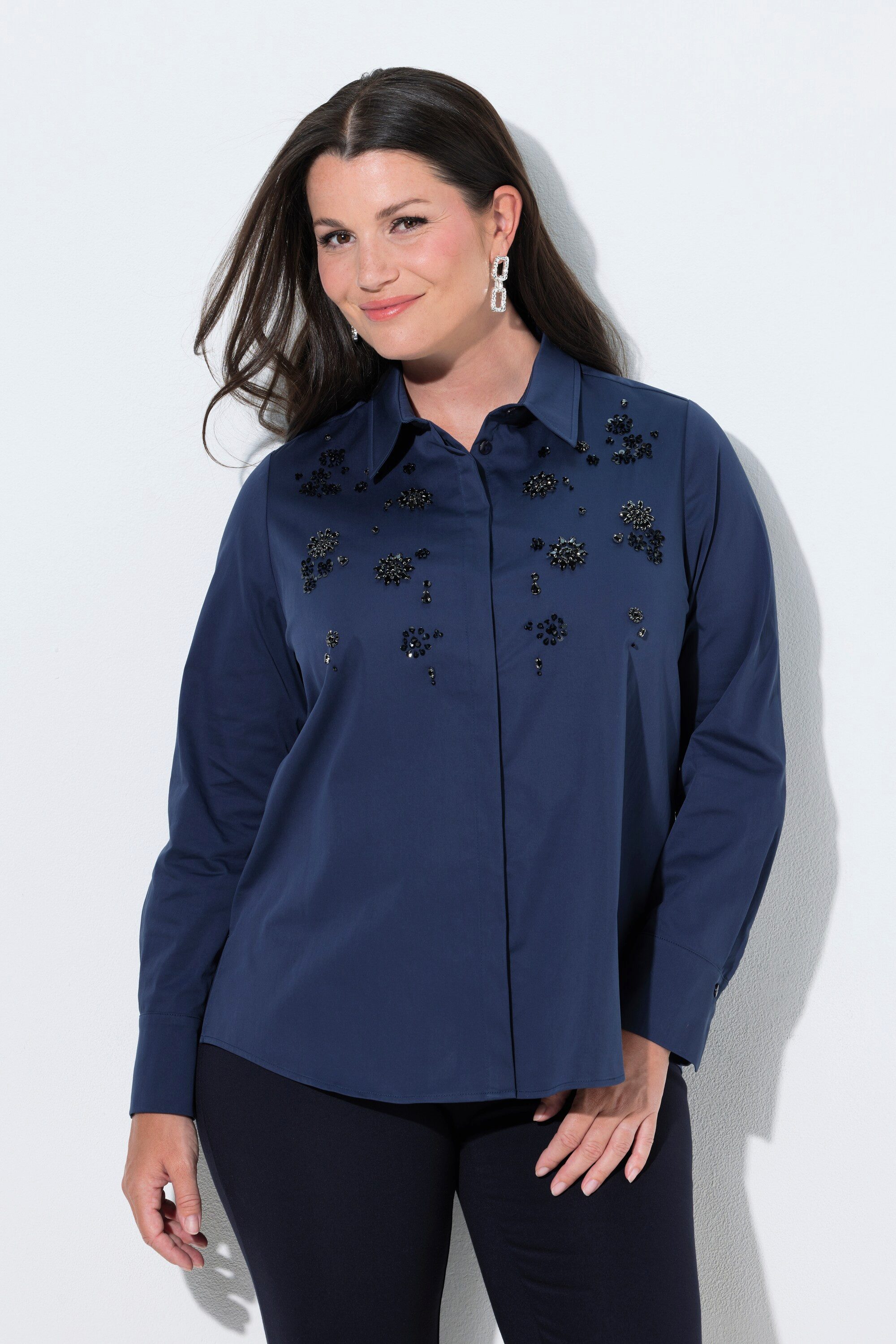 Ulla Popken Hemdbluse Bluse Ziersteine Pailletten Hemdkragen Langarm