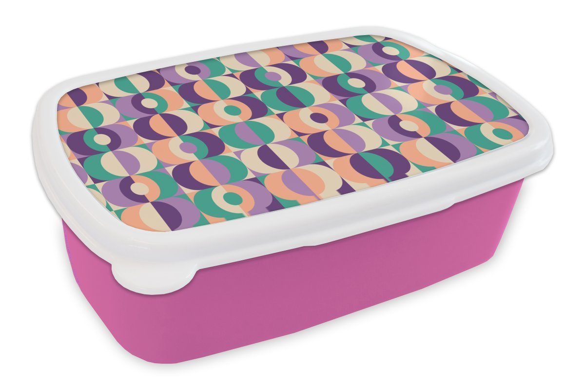 MuchoWow Lunchbox Muster - Geometrie - Retro, Kunststoff, (2-tlg), Brotbox für Erwachsene, Brotdose Kinder, Snackbox, Mädchen, Kunststoff rosa