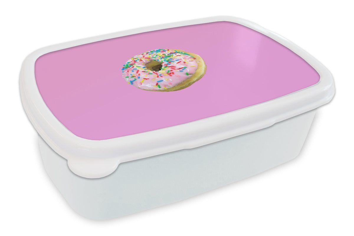 MuchoWow Lunchbox Rosa Donut mit Topping, Kunststoff, (2-tlg), Brotbox für Kinder und Erwachsene, Brotdose, für Jungs und Mädchen weiß