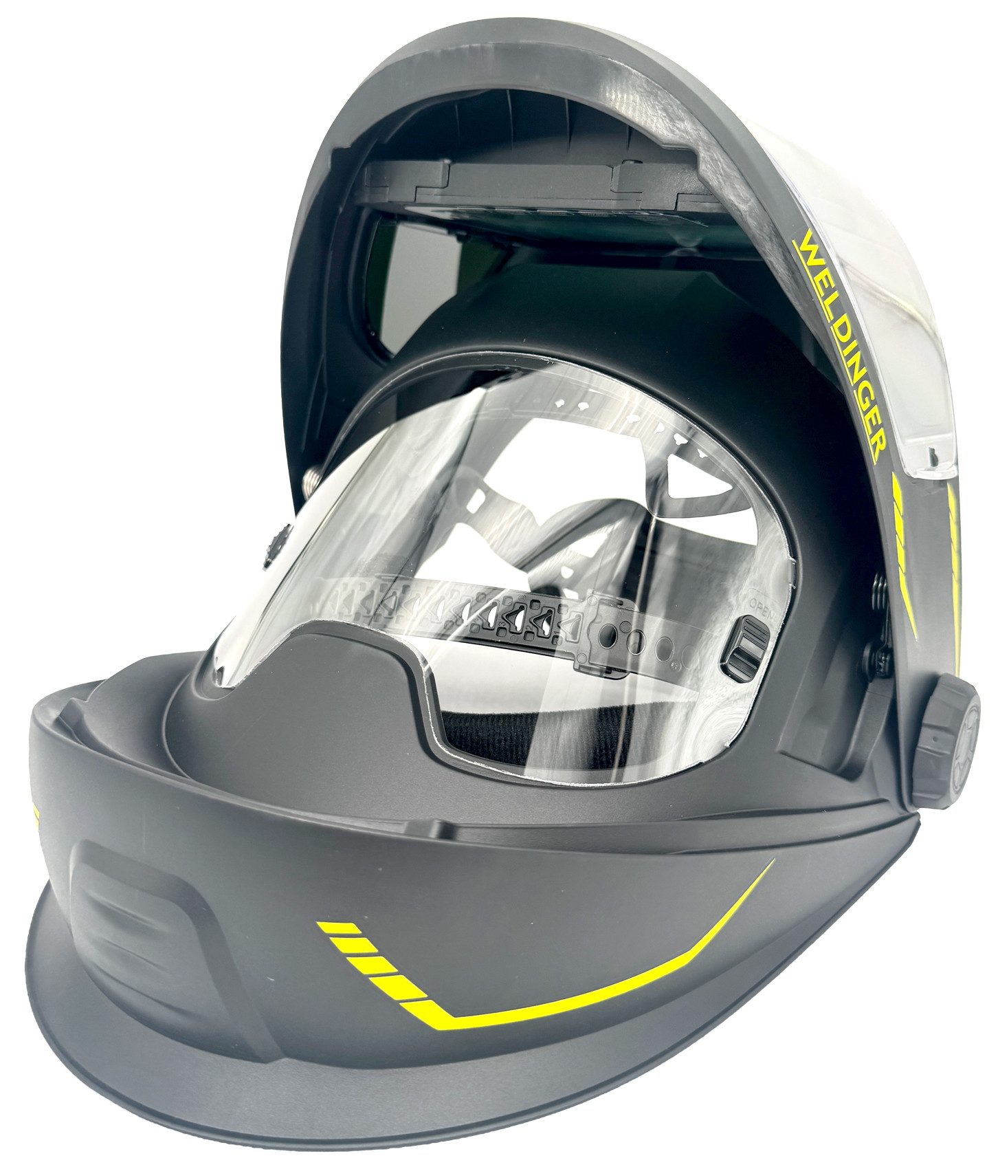 WELDINGER Schweißhelm WELDINGER Automatik-Schweißhelm AH 850 flip up digital Klappvisier (1-tlg), digitales Bedienfeld auf der Innenseite, verdunkelt sich automatisch