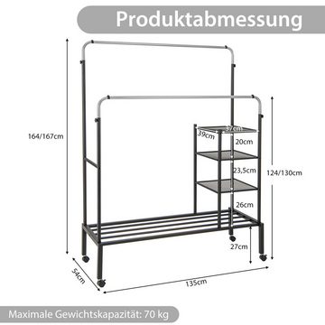 COSTWAY Kleiderständer, mit Rollen, Kleiderstangen, Ablagen, höhenverstellbar