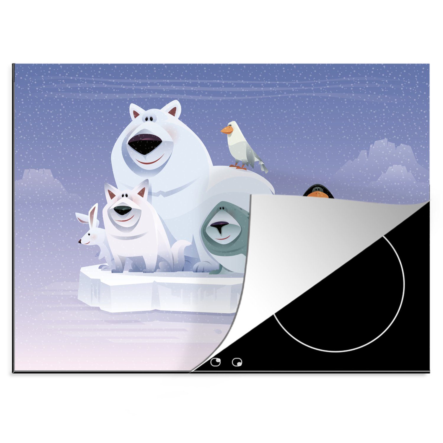 MuchoWow Herdblende-/Abdeckplatte Illustration eines Eisbären aus der Kindheit mit Polartieren, Vinyl, (1 tlg), 70x52 cm, Mobile Arbeitsfläche nutzbar, Ceranfeldabdeckung
