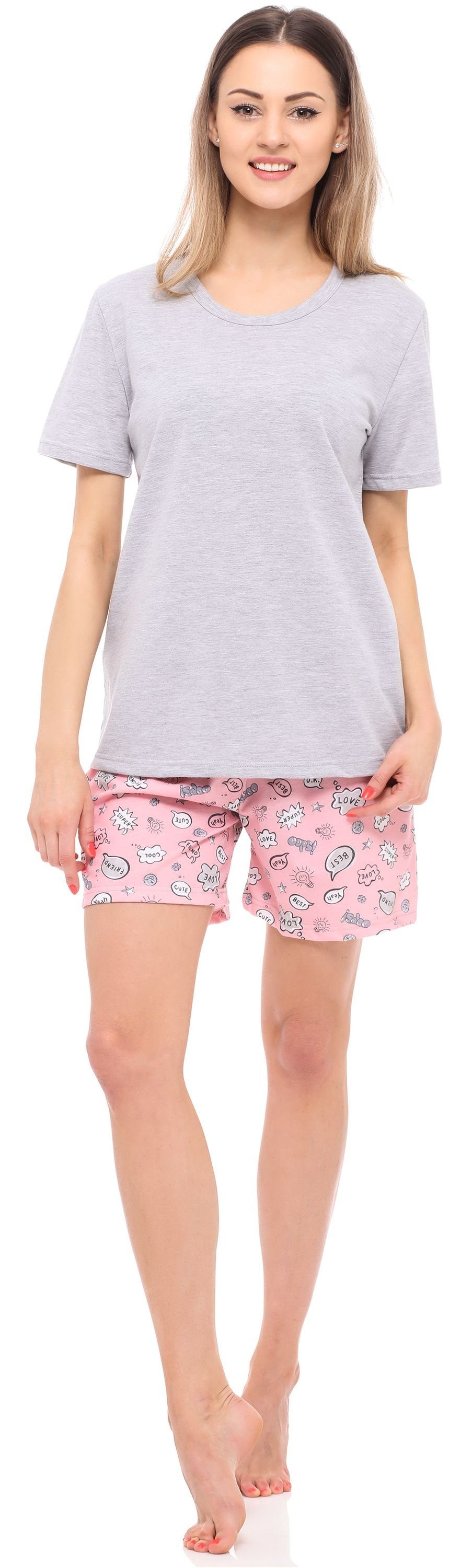 Merry Style Schlafanzug Pyjama Zweiteiler Kurz Pyjama Damen Set Schlafanzug Melange/Rosa MS10-177 Baumwolle