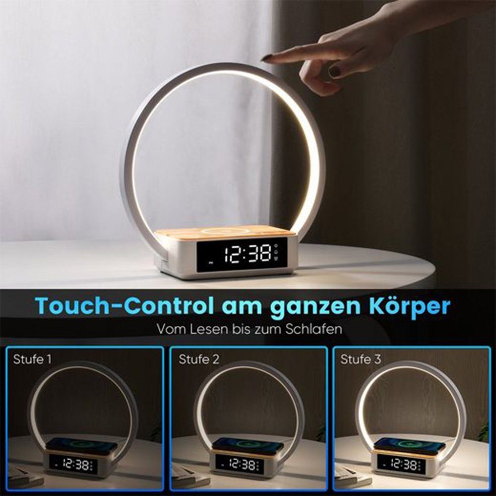 integriert, Helligkeitsstufen Zeitanzeige Touch, LED Lampe Handy fest Warmweiß, Tischlampen Ladefunktion, 3 Mit Nachttischlampe dimmbar Leuchte und Tisch Nachttischlampen Schlafzimmer LED OKWISH