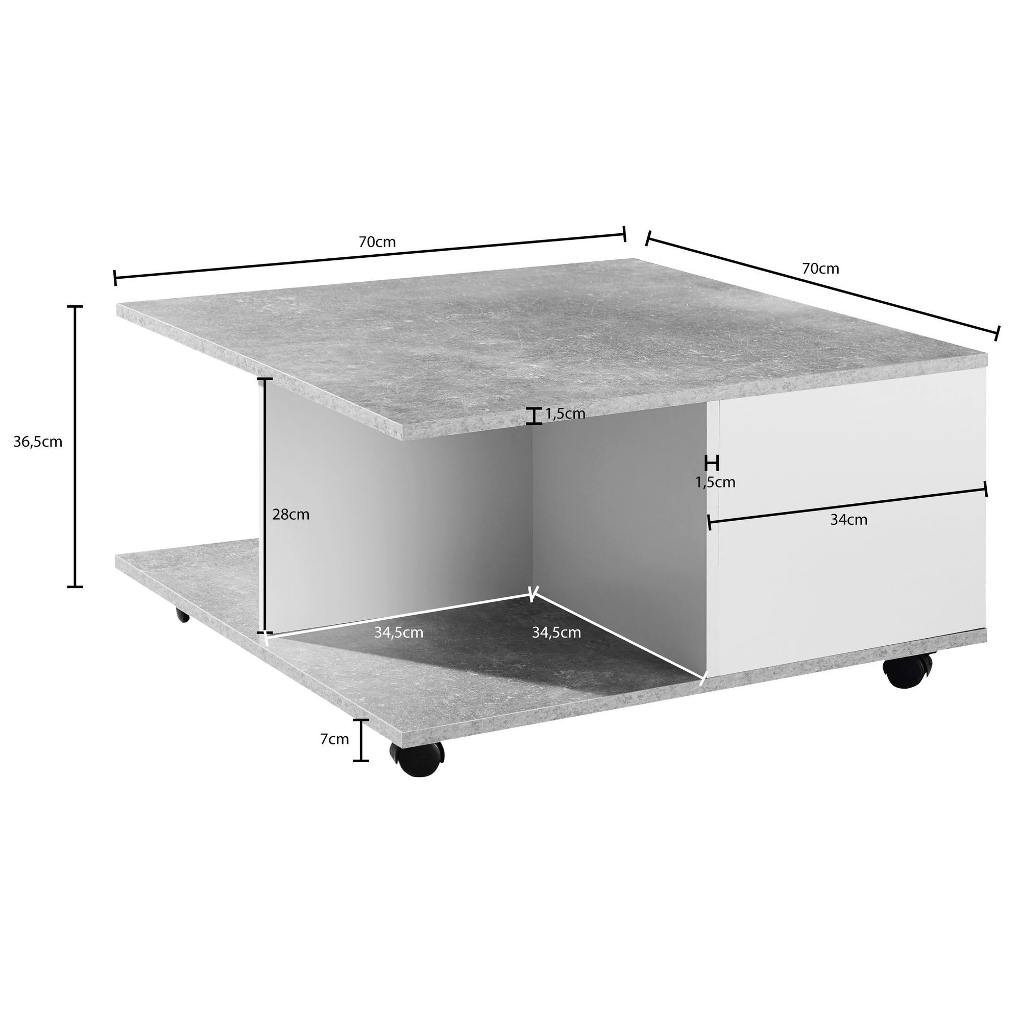 FINEBUY Couchtisch SuVa19126_1 70x70cm Wohnzimmertisch Sofatisch Tisch mit 2 Schubladen (Wohnzimmertisch mit 2 Schubladen, Tisch mit Rollen), 70x70 cm Zementgrau / Weiß, Sofatisch Eckig