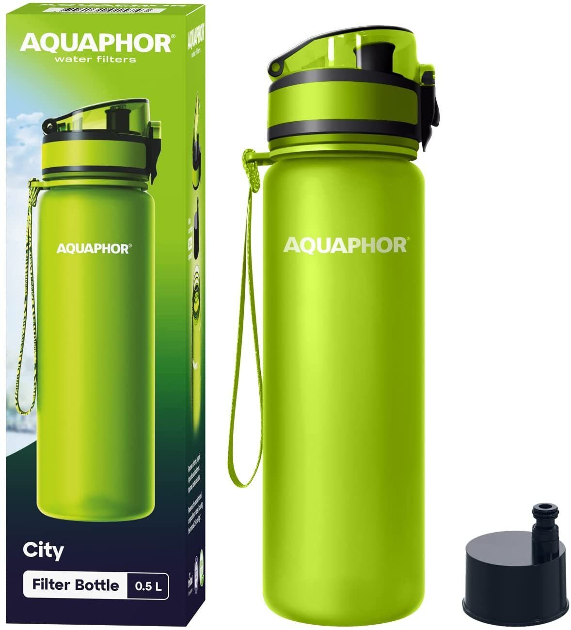 AQUAPHOR Trinkflasche CITY Flasche mit Wasserfilter für unterwegs, 500ml. I Filter mit Aktivkohle I Aus Tritan & BPA-frei, Farbe: lime