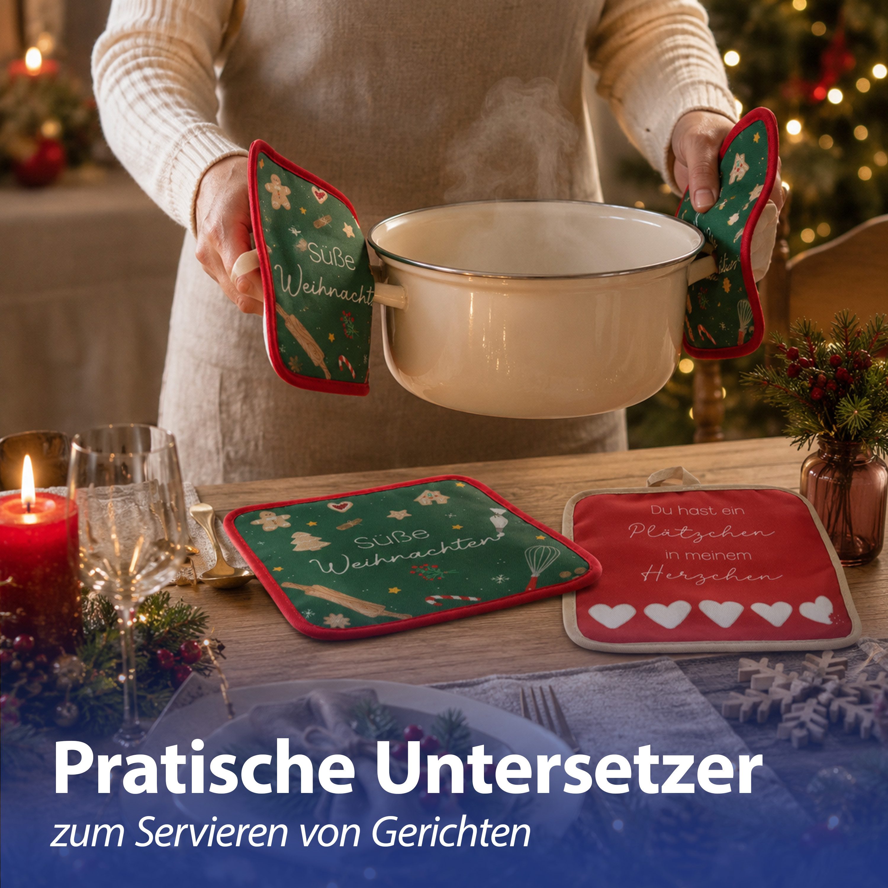 CEPEWA Topflappen Topflappen Weihnachten 4er Set 18x18x0,5cm Polyester mehrfarbig Küche – Bild 4 von 5