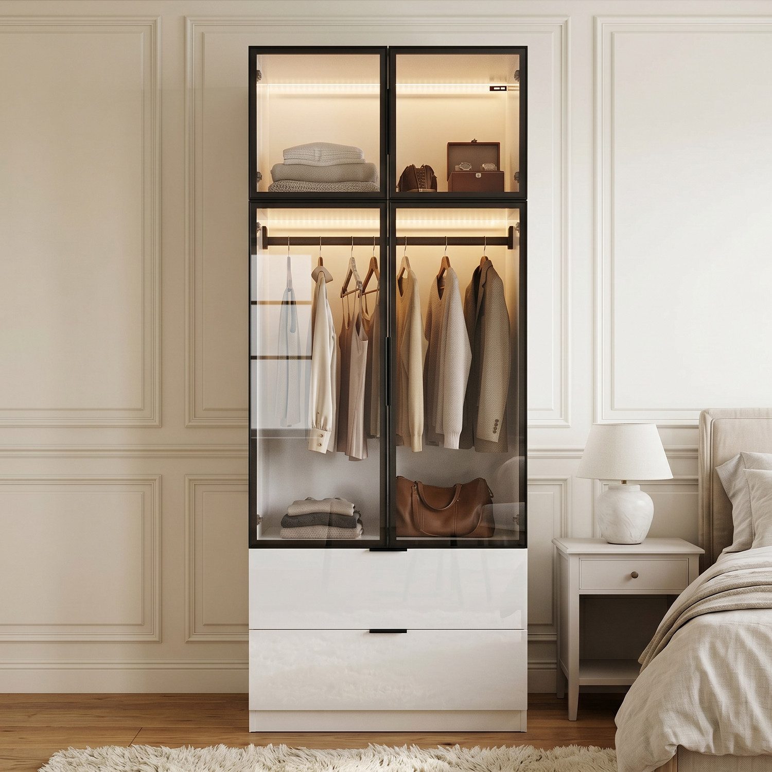 FUFU&GAGA Kleiderschrank 220 cm hoch, Aluminiumrahmen, Glastüren, LED, Hochglanz weiß (1-St)