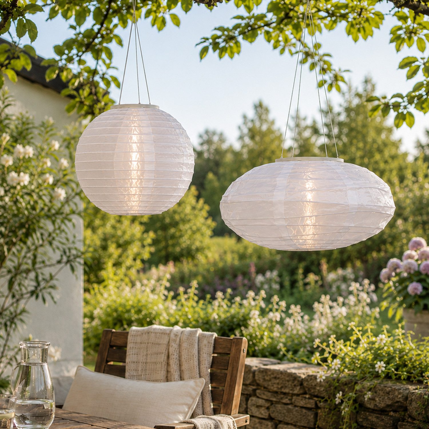 MARELIDA LED Lampion Solar Gartenlampions 25cm/35cm Party Balkon Laterne Sensor 2er Set, LED Classic, warmweiß (2100K bis 3000K)