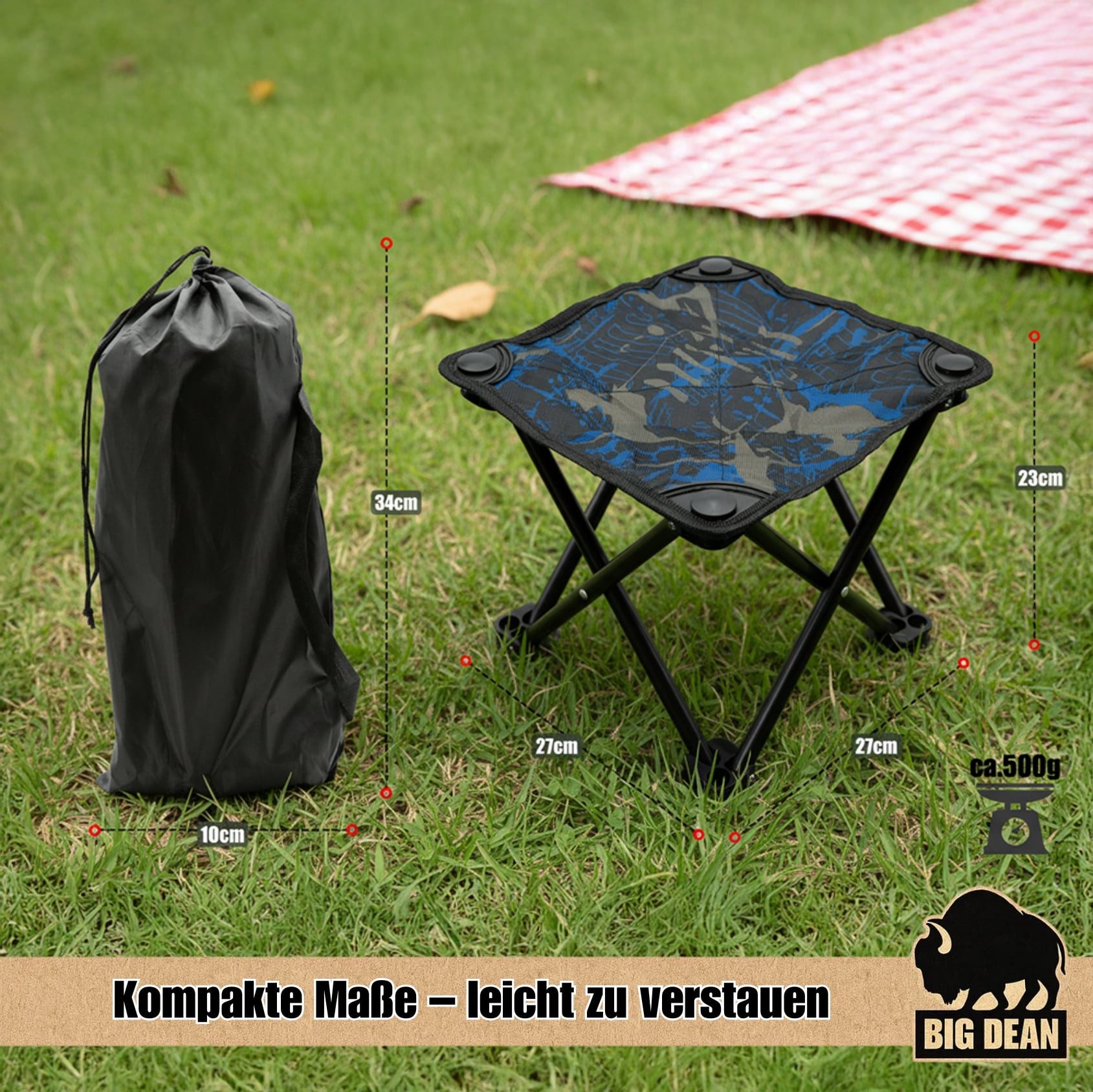 BigDean Campinghocker kleiner Camping Hocker 23cm Angelhocker Campinghocker Dreibeinhocker (Packung, 1 St., Falthocker), Klein, 500gramm Leicht, 100kg Belastbar, In Sekunden Einsatzbereit