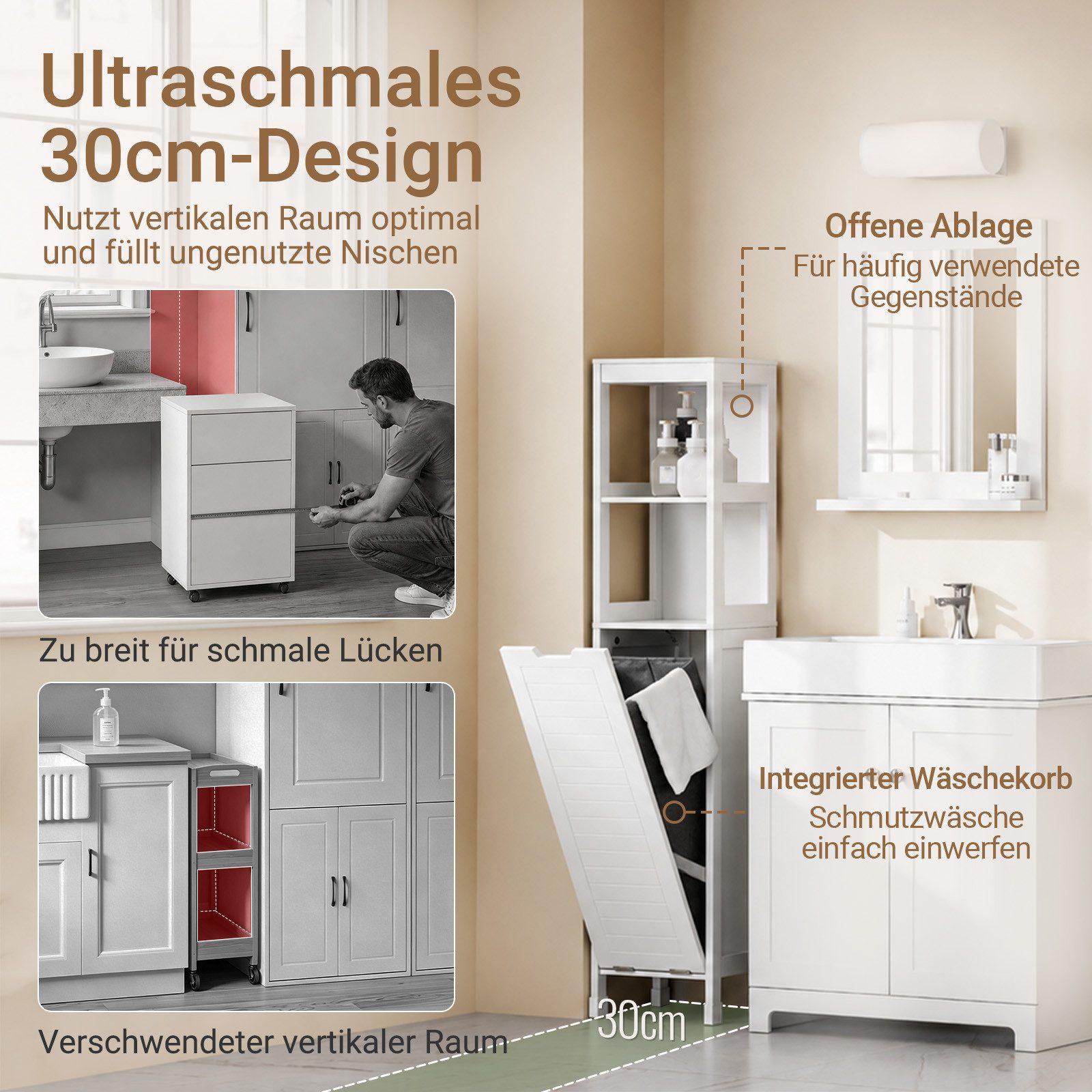 SoBuy Hochschrank BZR123, Badezimmerschrank mit Wäschekorb, Wäscheschrank, 30x30 cm Badregal Badkommode, Platzsparend für kleine Bäder und Gäste-WC, Weiß – Bild 3 von 5