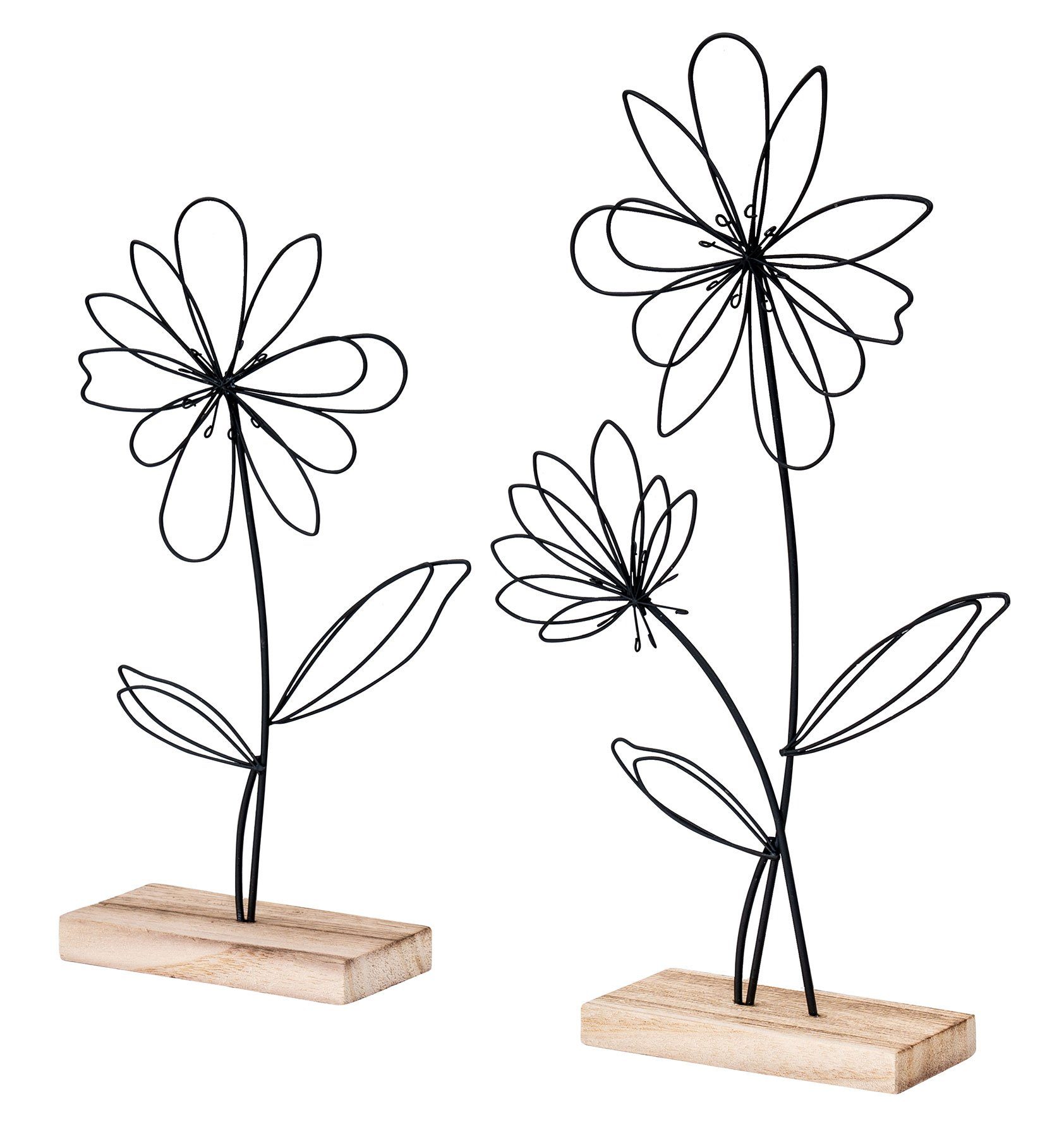 Levandeo® Dekoobjekt, 2er Set Deko Aufsteller Draht Blume Metall Holz Schwarz Natur