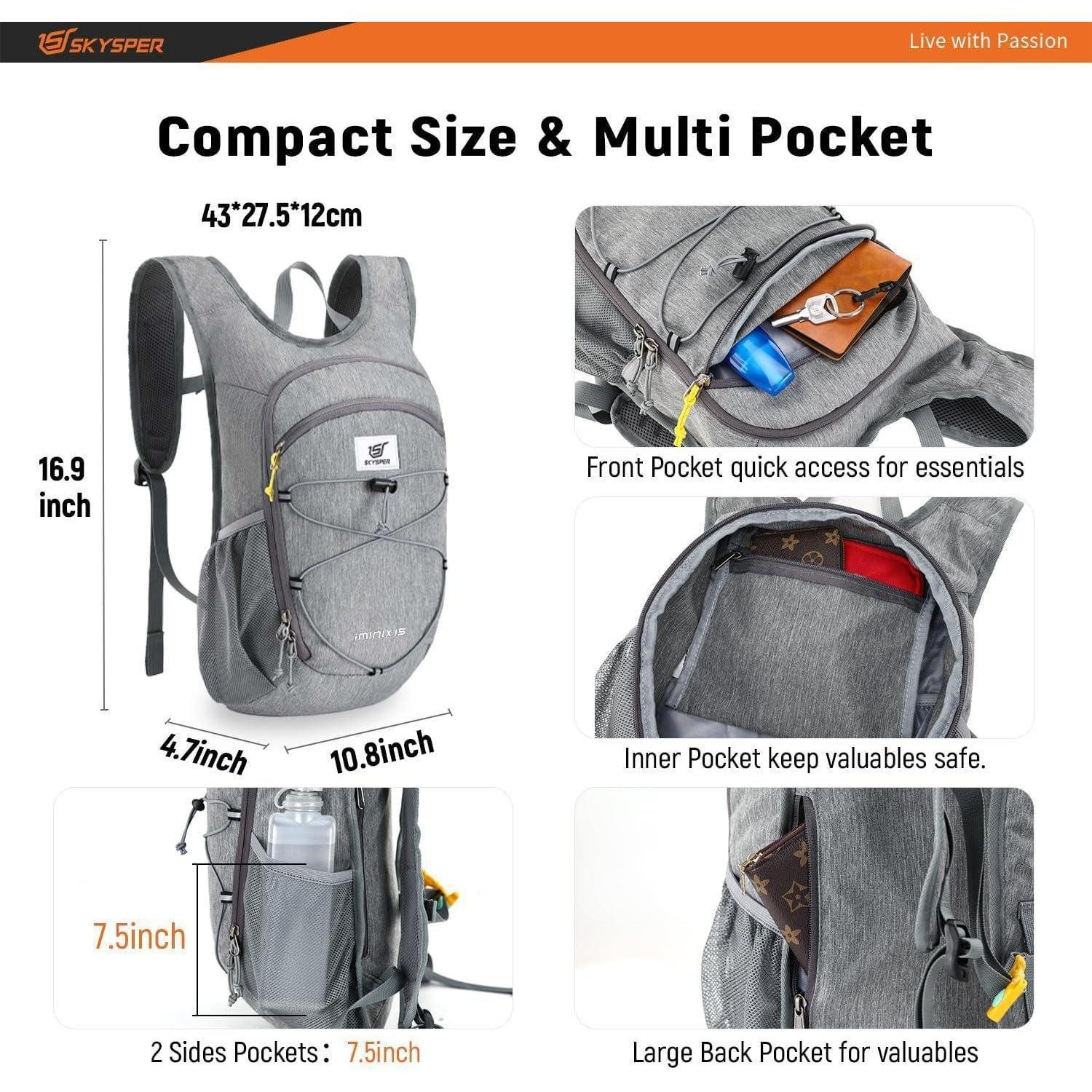LuxusKollektion Tagesrucksack Rucksack Daypack 15L 20L faltbar leicht Damen Herren 15Liter Grau
