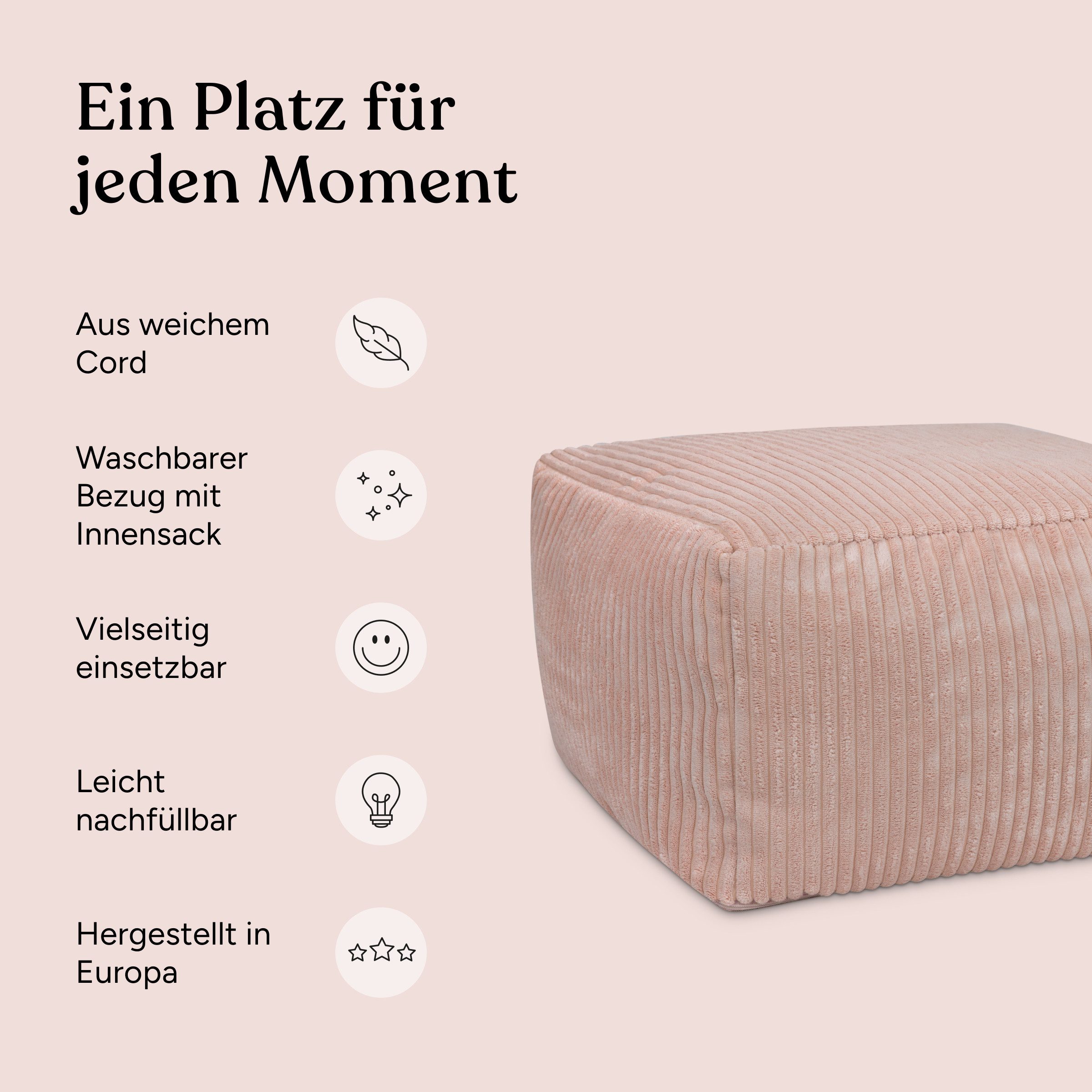Ehrenkind Sitzsack Pouf Cord (Eckig Blaugrün, mit EPS-Füllung, abnehmbarem Bezug und Innensack), Sitzkissen für Kinderzimmer, Bezug bei 30 °C waschbar