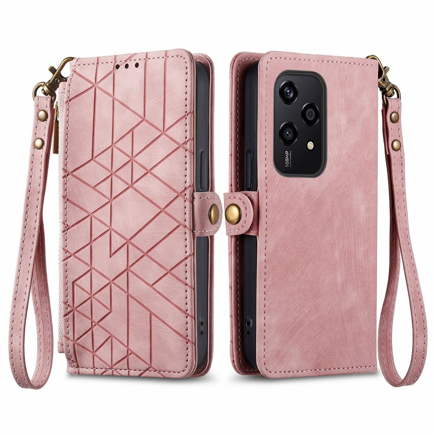 Wigento Handyhülle Für Honor 200 Lite Kunstleder Zipper Wallet Tasche mit Schlaufe Rosa, Kunst-Leder Schutzhülle Smart Case Cover Zipper mit Schlaufe