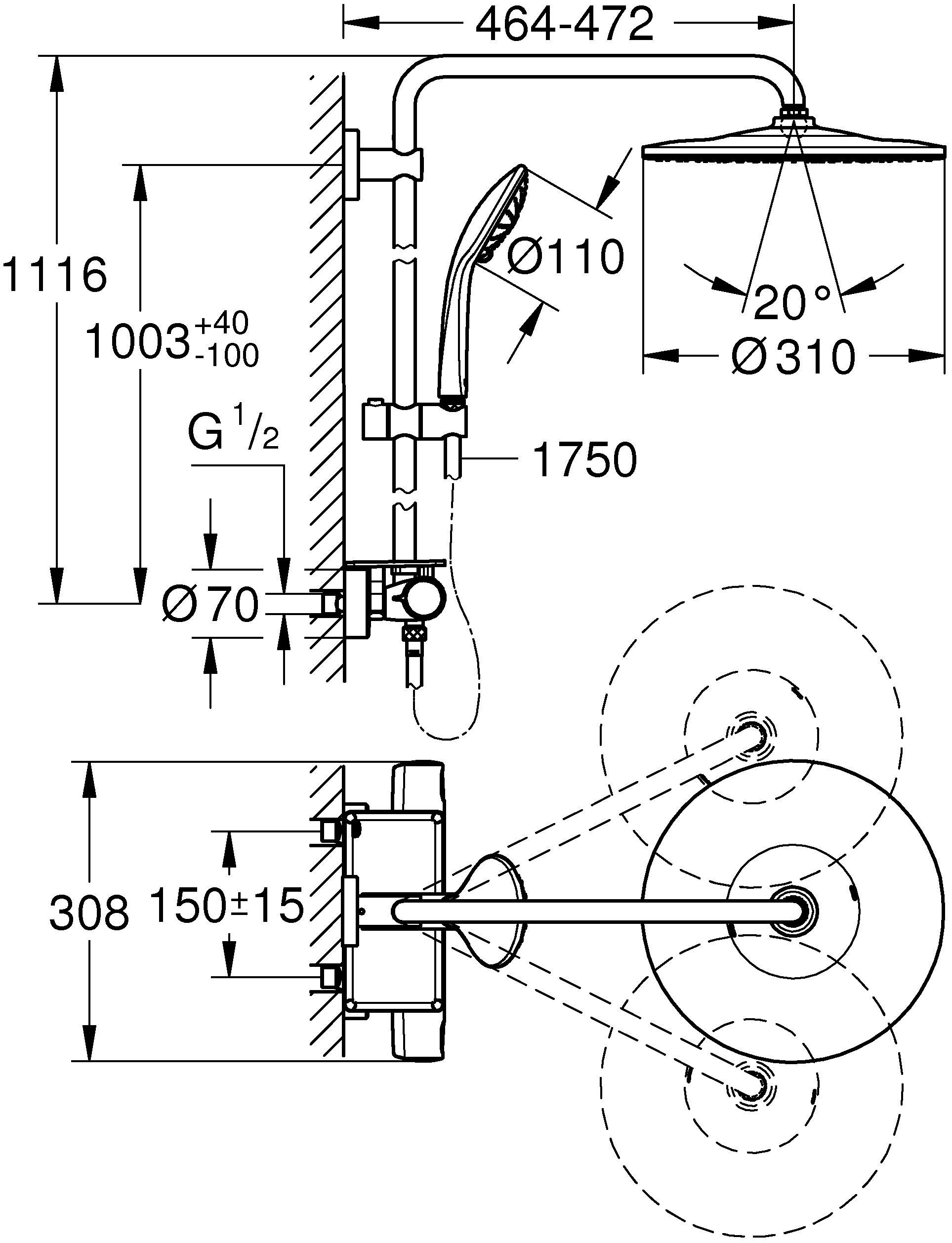 Grohe Duschsystem Vitalio Joy System 310, Höhe 1 Wandmontage Thermostatbatterie mit cm, Strahlart(en), 15 für die