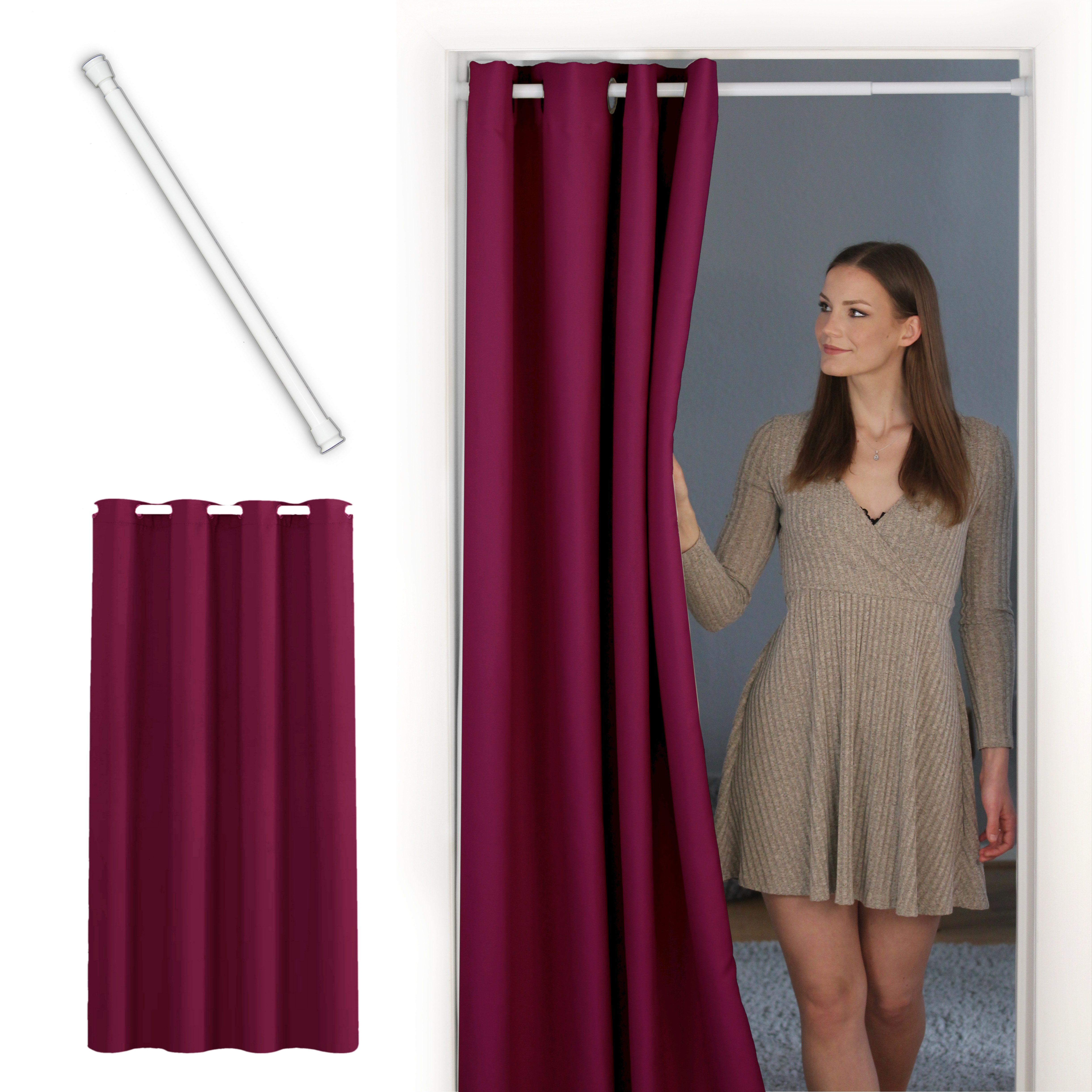 tinycurtains Türvorhang mit Stange weiß 70-120 cm Thermo Vorhang ohne Bohren, blickdicht, Ösen, verdunkelnd, Polyester, bordeaux rot Berry, Türgardine mit Klemmstange Raumtrenner Vorhang Tür