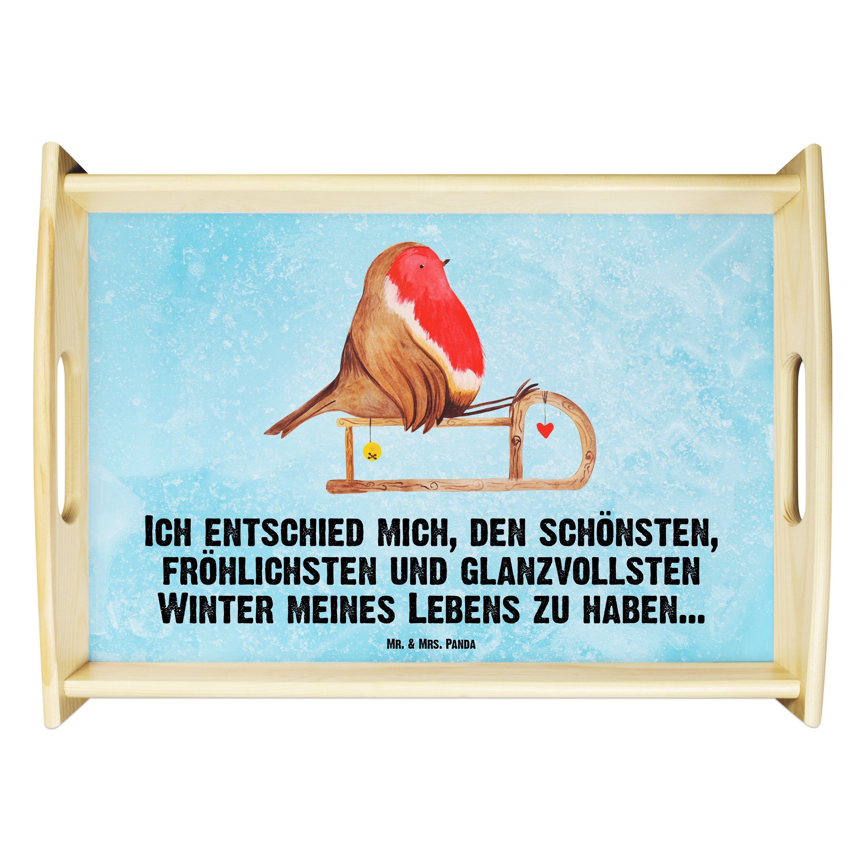Mr. & Mrs. Panda Tablett Rotkehlchen Schlitten - Eisblau - Geschenk, Dekotablett, Holztablett, Echtholz lasiert, (1-tlg)