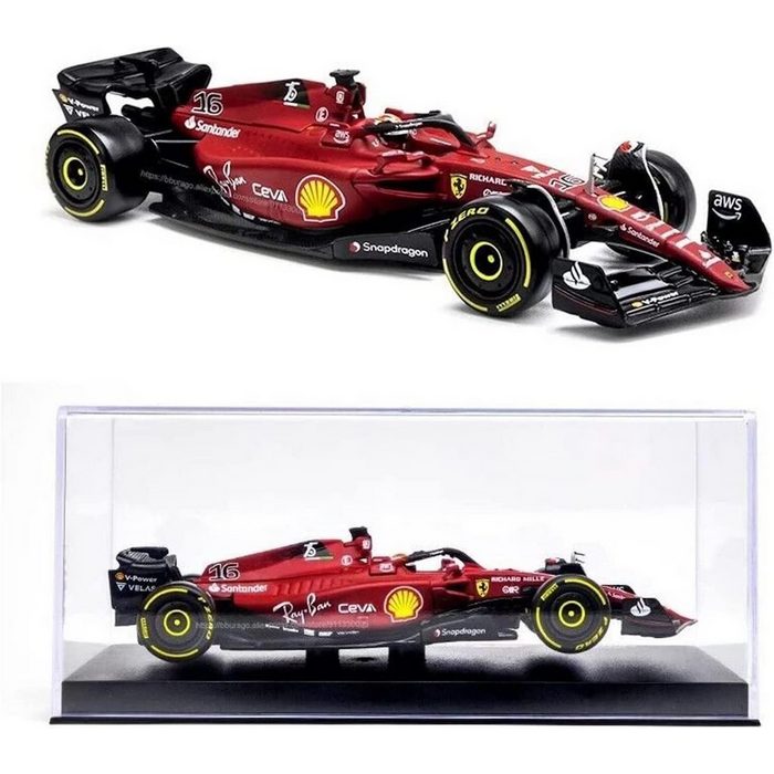 Bburago Spielzeug-Auto Modellauto - Ferrari Racing F1-75 Leclerc #16 (mit Helm Maßstab 1:43) in Sammler-Acrylbox