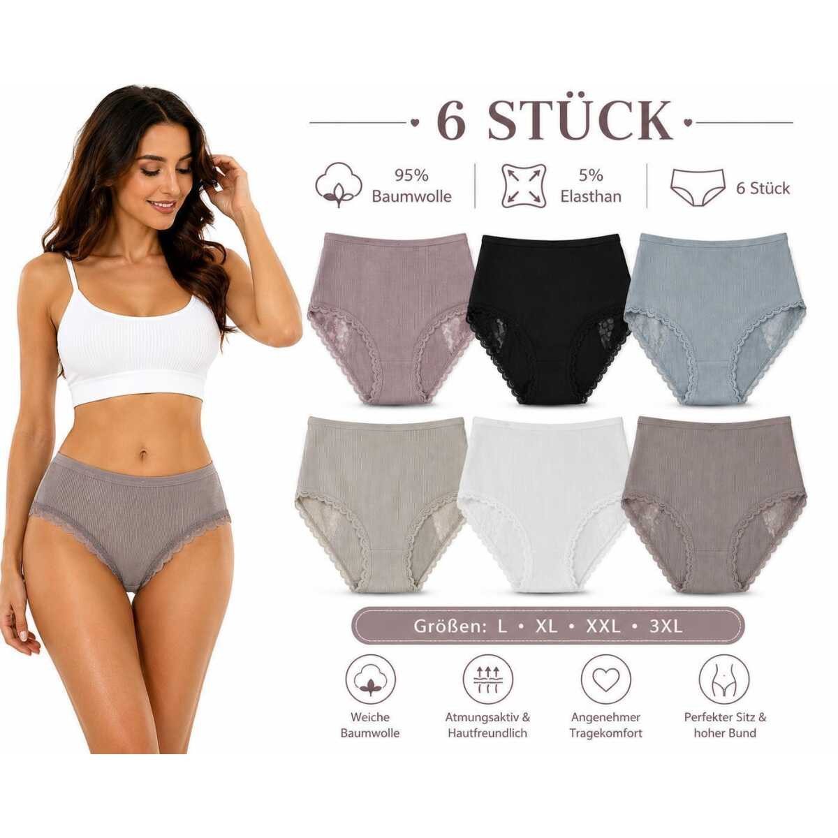 EloModa Taillenslip Damen Slips 6er Pack Baumwolle Ripp mit Spitze hoher Bund Mix4 XL (6-St) atmungsaktiv, hautfreundlich, elastisch, formbeständig – Bild 2 von 4