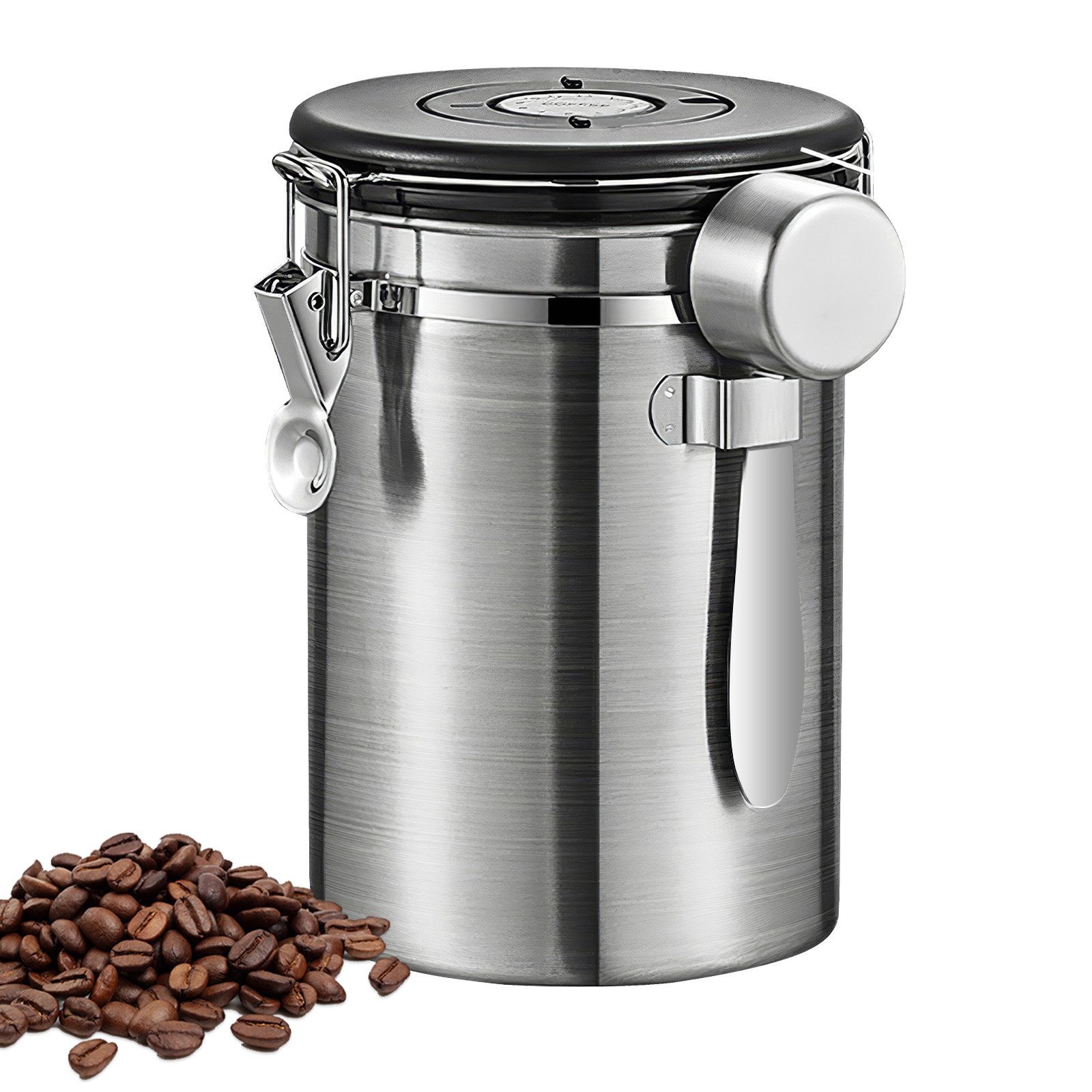 BlingBin Kaffeedose 1,8/2,8L Edelstahl Kaffeebohnen Vorratsdose,Luftdichte Kaffeebehälter, Edelstahl, (1er Set, 1-tlg., 11.8*18.6 cm), Kaffeedose mit CO2-Ventil, Messlöffel & Datumsanzeige für Nüsse Kakao