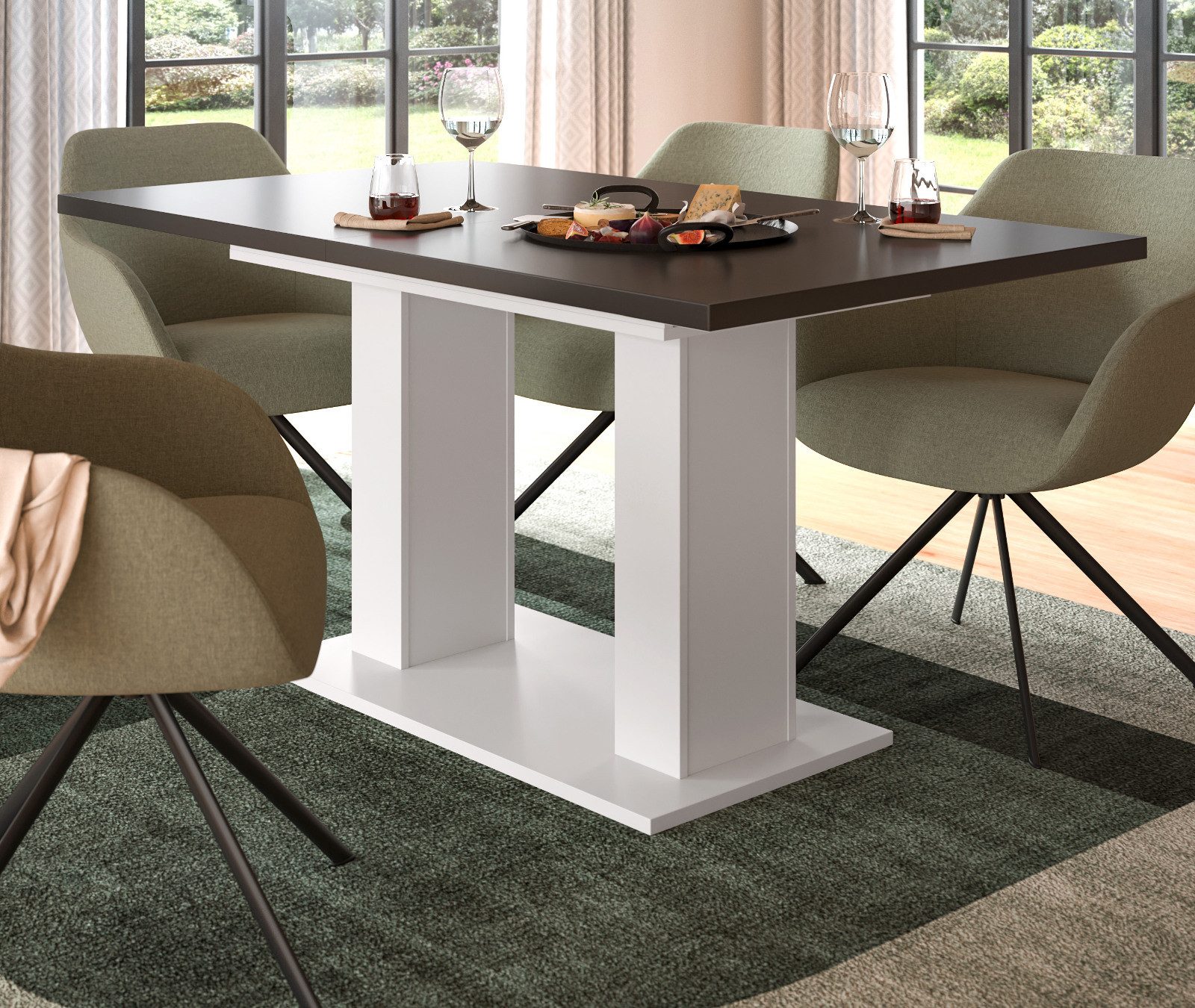 Inn.Furn Säulen-Esstisch Home-X (Küchentisch in Weiß und Grau, ausziehbar 150 - 190 cm), mit stabiler Doppel-Säule