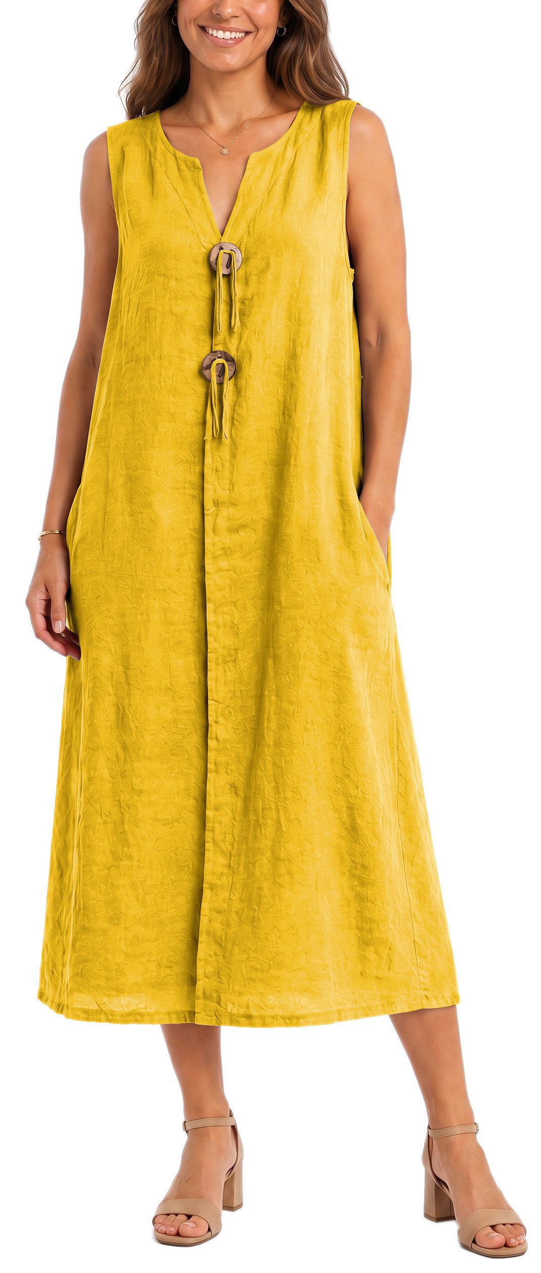 dy_mode Sommerkleid Damen Leinenkleid Luftiges Maxi Sommerkleid Strandkleid Damenkleid in Unifarbe, V-Ausschnitt, mit seitlichen Eingriffstaschen