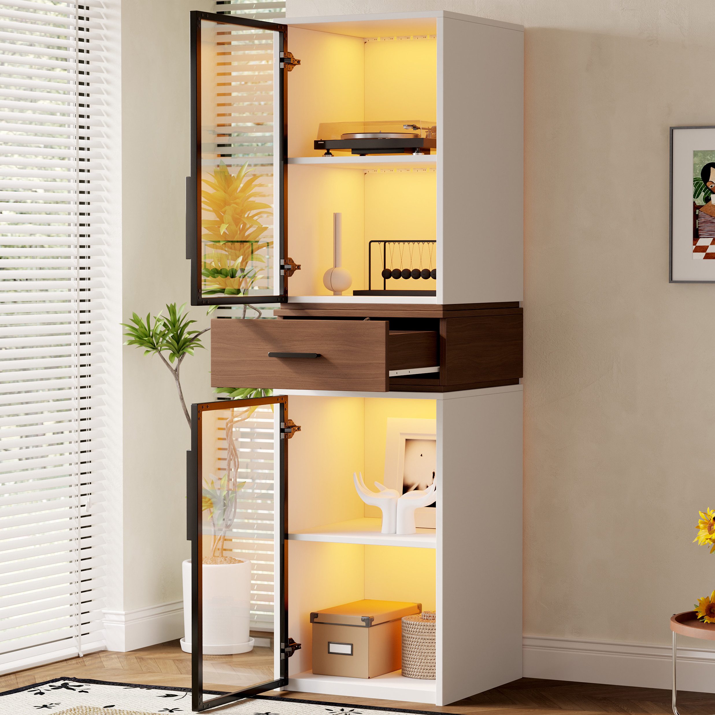 Flieks Glasvitrine mit LED-Beleuchtung, 2 Glastüren und 1 Schubladen in Walnussholzfarbe (1-St., B40/T40/H200 cm) Hochschrank Standvitrine mit 4 Fächern Sammlevitrine Wohnzimmer Weiß