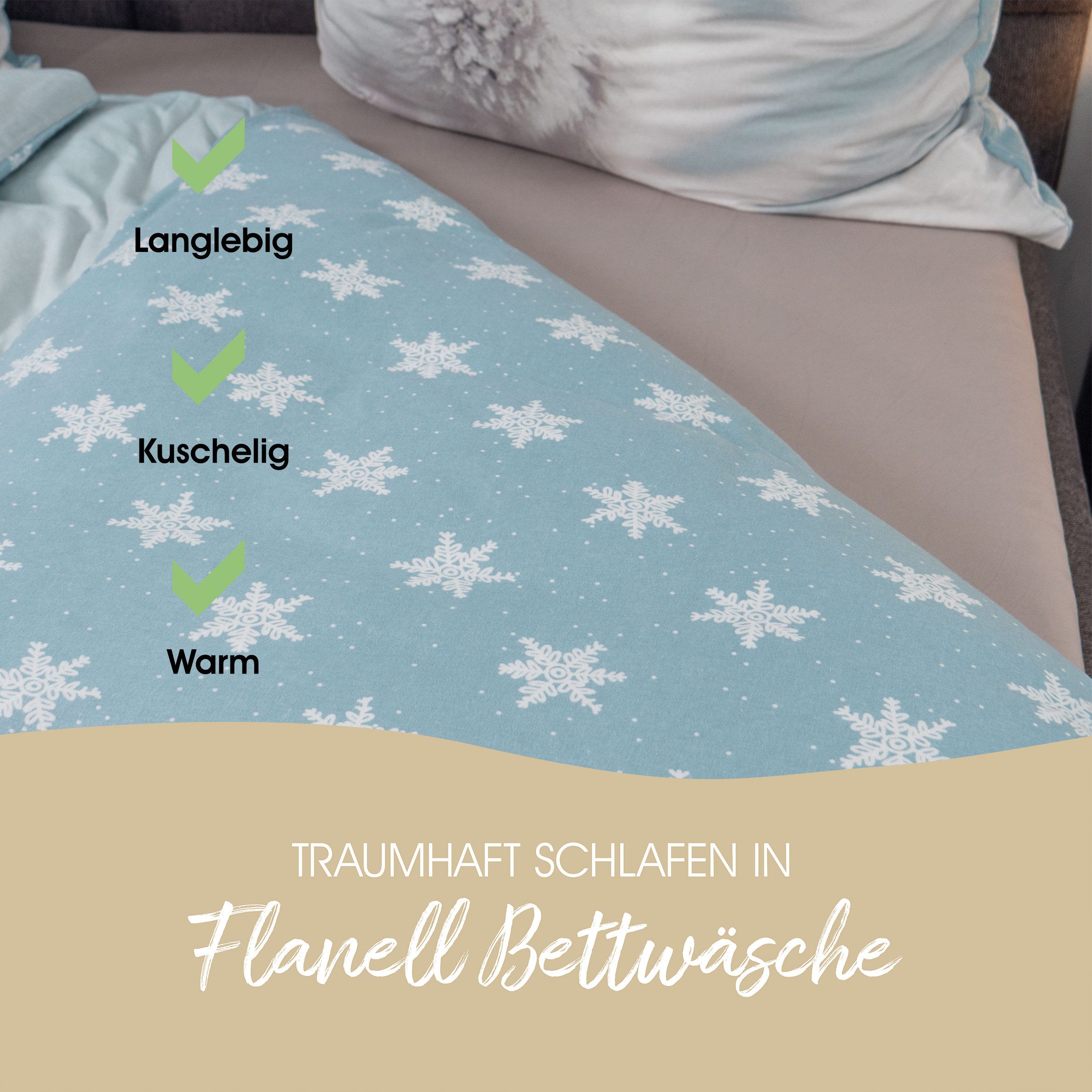 good morning Bettwäsche Comfort Baumwolle, Flanell, 2 teilig, Polarfuchs, Schneeflocken, Wendebettwäsche – Bild 5 von 5