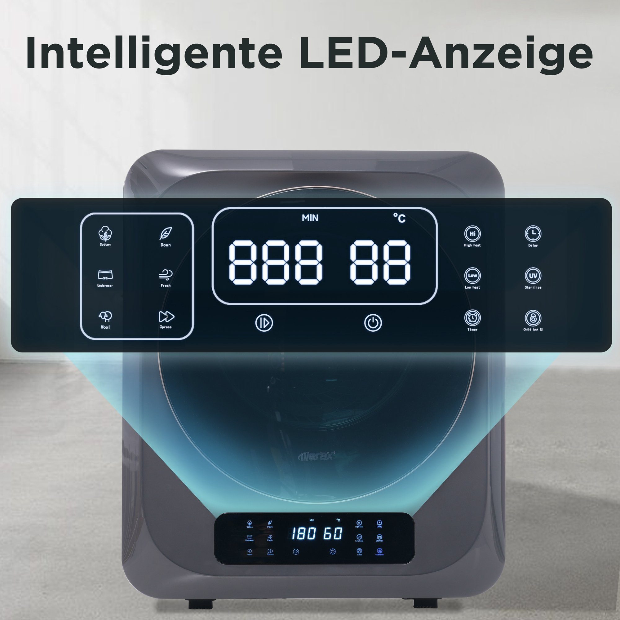 Merax Ablufttrockner mit UV-Sterilisation LED-Display, Programme Timer mini-Wäschetrockner mit Wäschetrockner und 2.5 und Belüfteter Grau kg, freistehend/hängend, 6