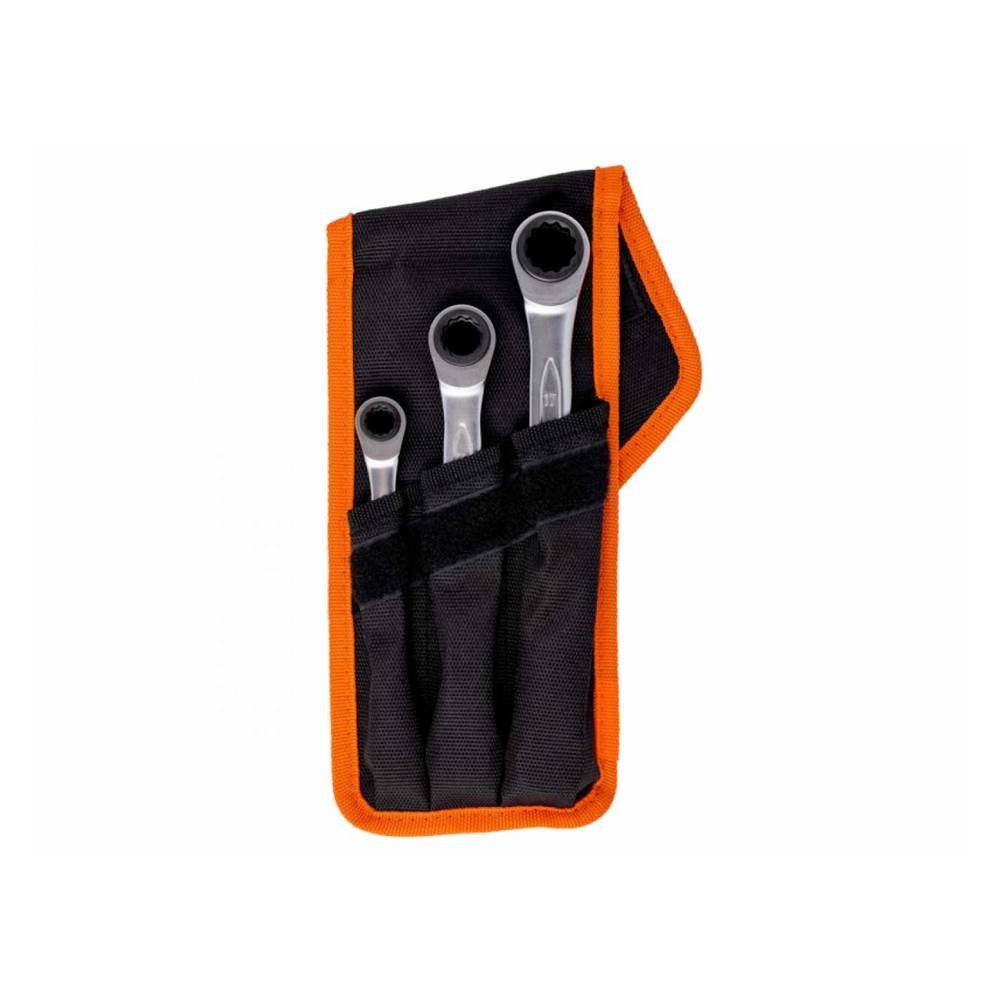 BAHCO Ringschlüssel Vierfach-Knarren-Ringschlüssel-Satz, 3-Tlg, Gürteltasche S4RM/3T