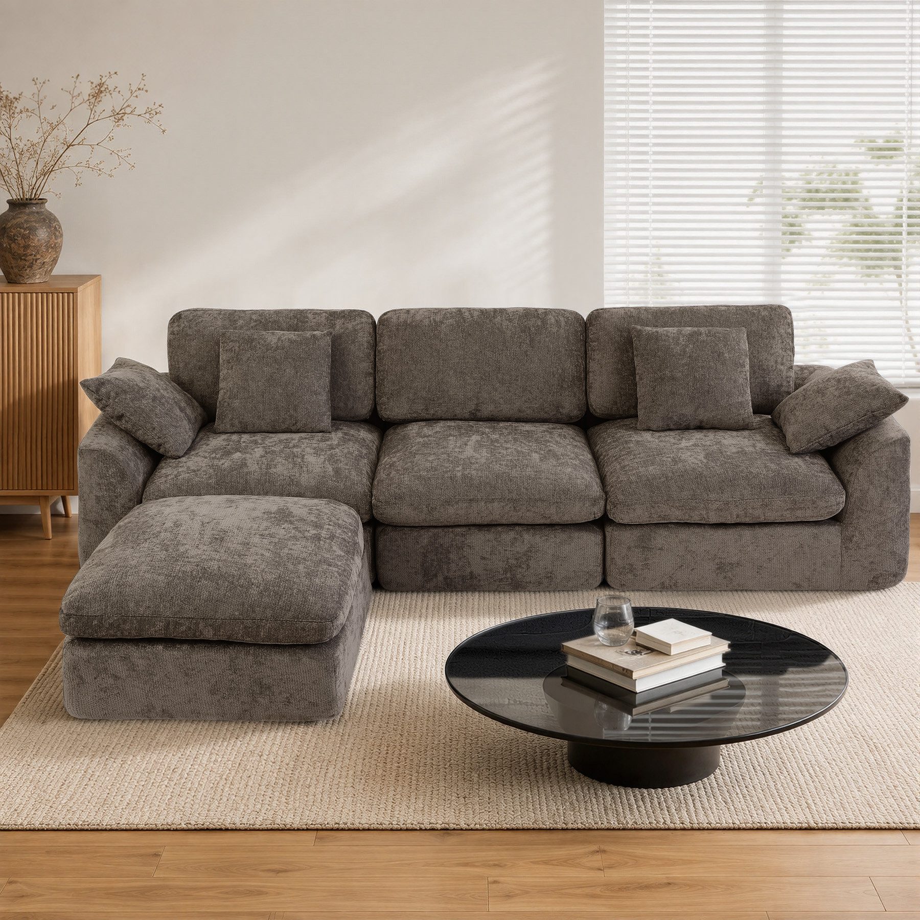 HomeMiYN Sofa 280cm L-Form Chenille 3-4 Sitzer Modular Couch für Wohnzimmer, Modular 3 Teile, Ohne Montage & Vakuumkomprimiert 300kg Belastbar Ecksofa