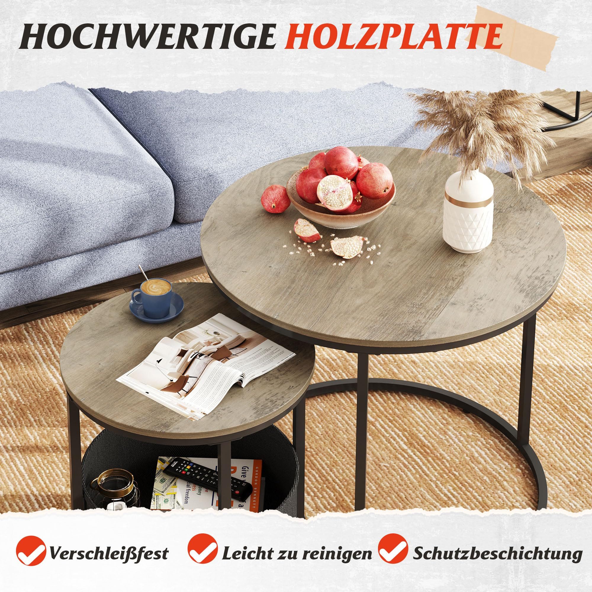 WLIVE Couchtisch Couchtisch 2er‑Satztisch rund mit Stauraum, (Beistelltisch mit Stoffkorb & Metallgestell, Holzoptik, 2er Set), 2 in 1 Verschachtelung – Bild 4 von 5