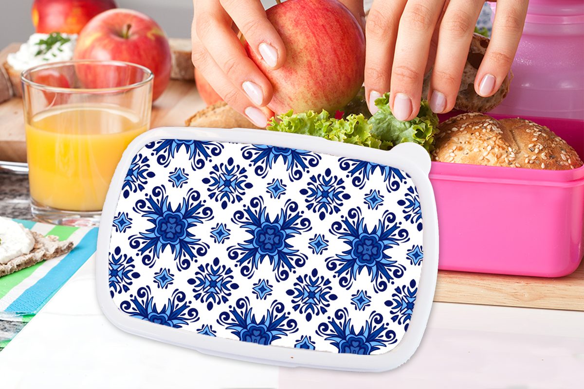 MuchoWow Lunchbox Fliese Snackbox, Kunststoff Muster, - - Blau Kinder, Erwachsene, Kunststoff, rosa Brotbox für Brotdose Blume (2-tlg), - Mädchen