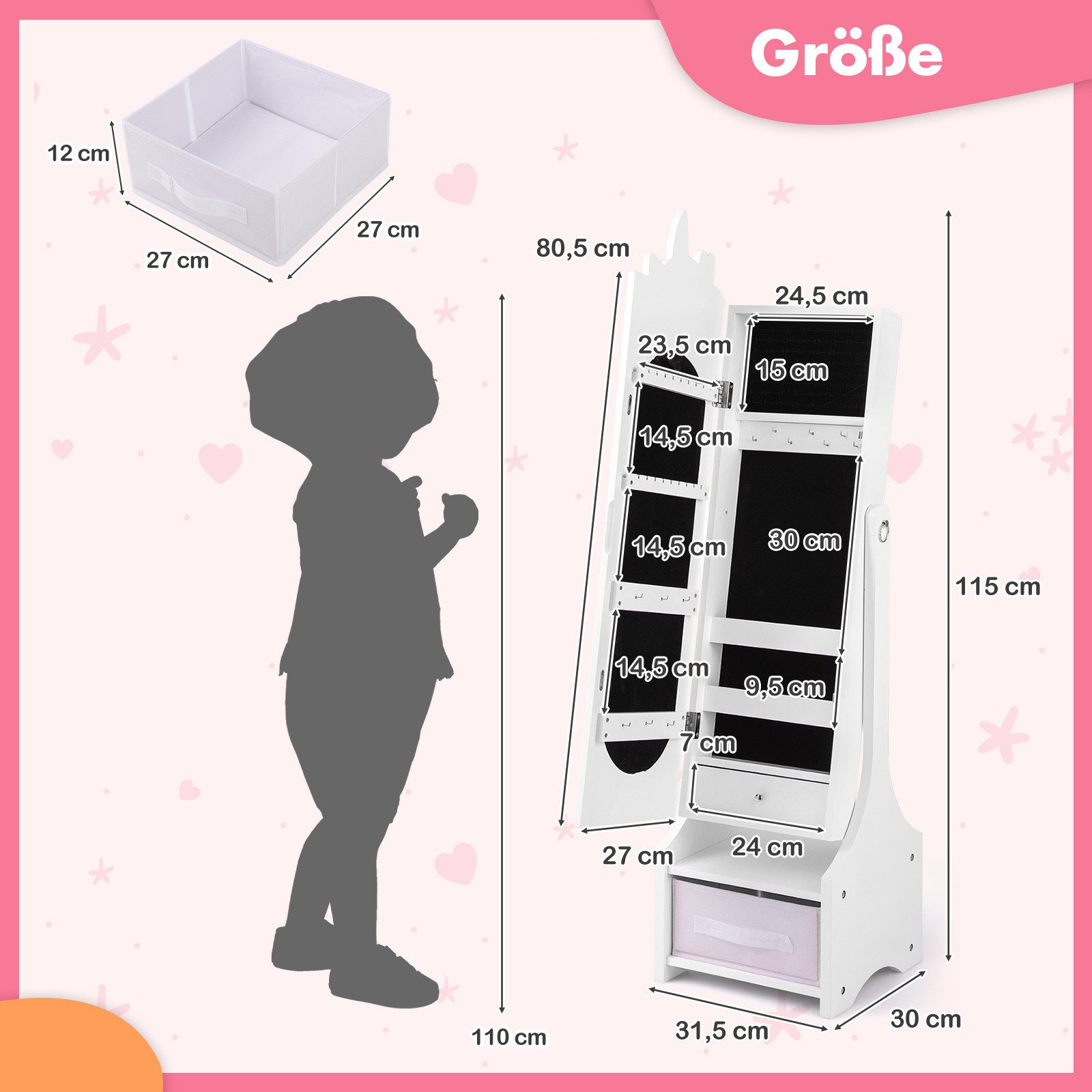 COSTWAY Schmuckschrank Kinder Spiegelschrank mit Aufbewahrunskorb günstig online kaufen