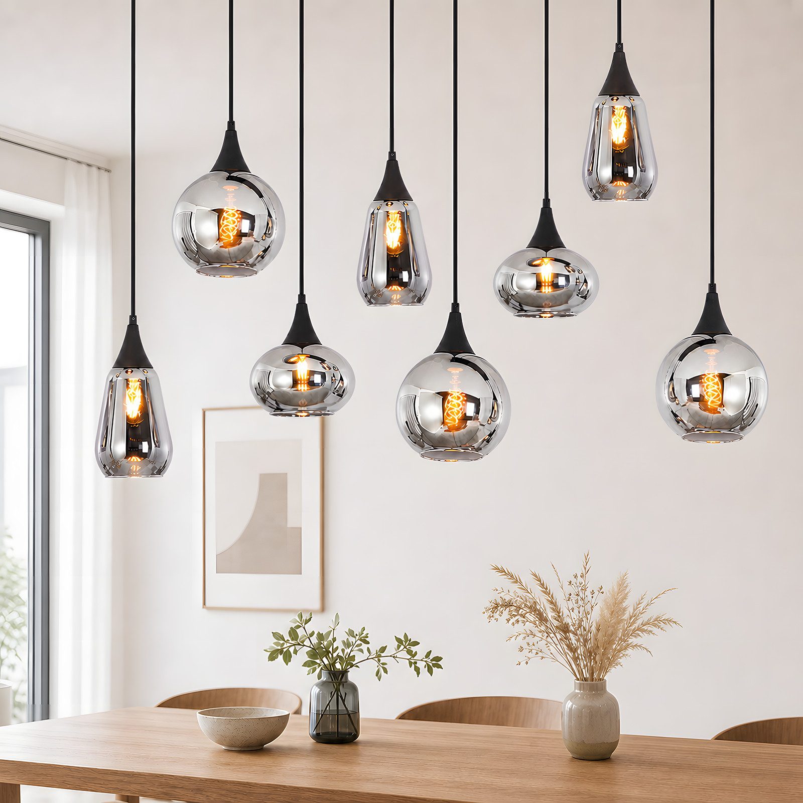 Nettlife Pendelleuchte Glaskugel, Hängeleuchte Esstisch 6/8flammig, E27 Vintage Grau, ohne Leuchtmittel, Esszimmerlampe Wohnzimmerlampe Küchenlampe Glas-Hängelampe