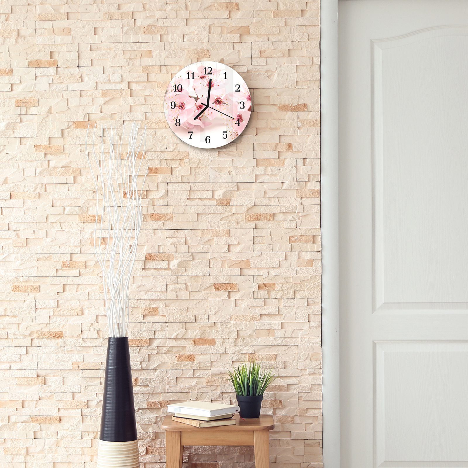Primedeco Wanduhr Wanduhr aus Glas Durchmesser und Quarzuhrwerk cm Japanische mit - mit Motiv 30 Rund Blüten