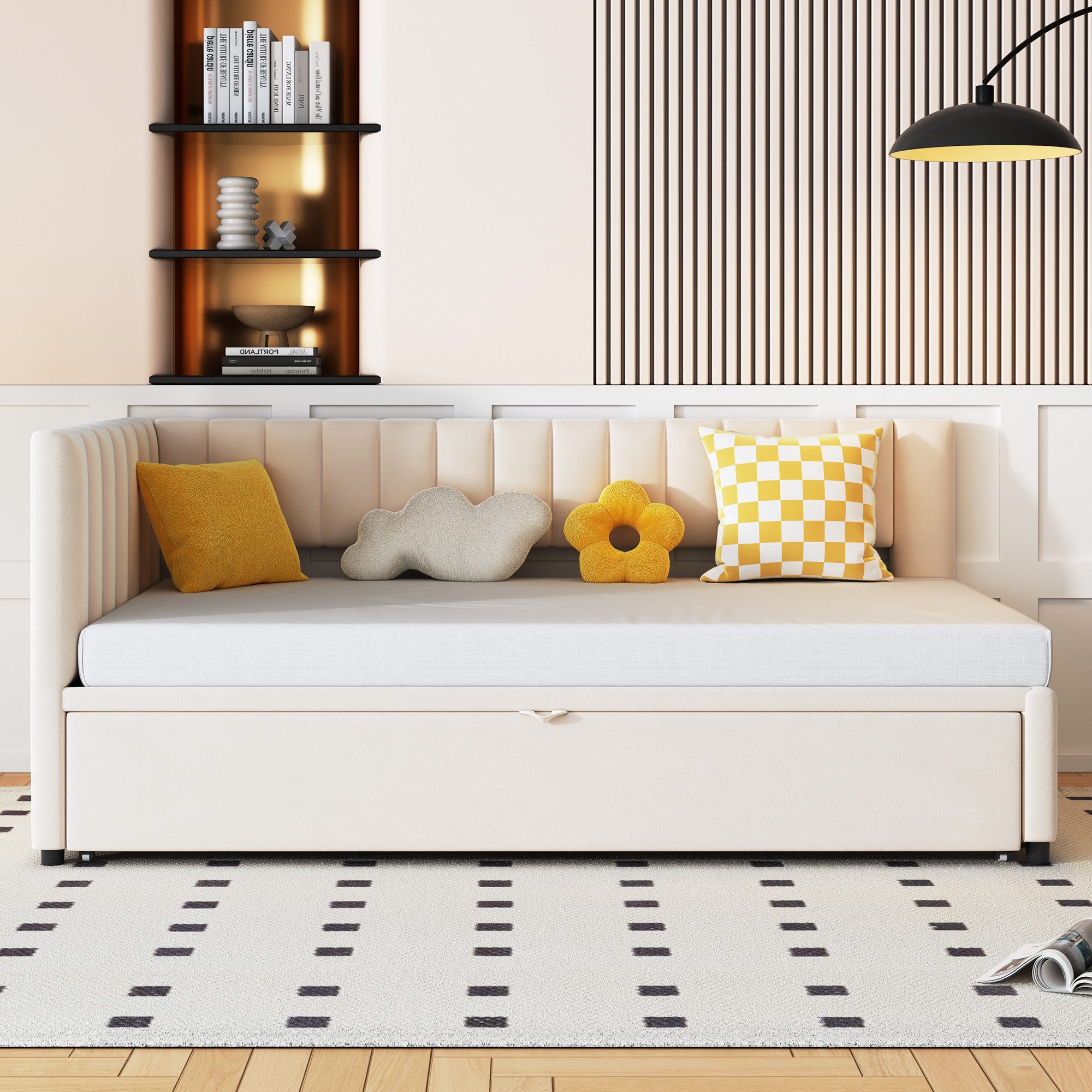 HAUSS SPOLE Schlafsofa 90/180x200cm mit Ausziehbett, L-förmiges Schlafsofa in Samtstoff Beige, Multifunktionales L-förmiges Schlafsofa mit Ausziehbett, Samt, platzsparend, für Kinder- und Gästezimmer, ohne Matratze