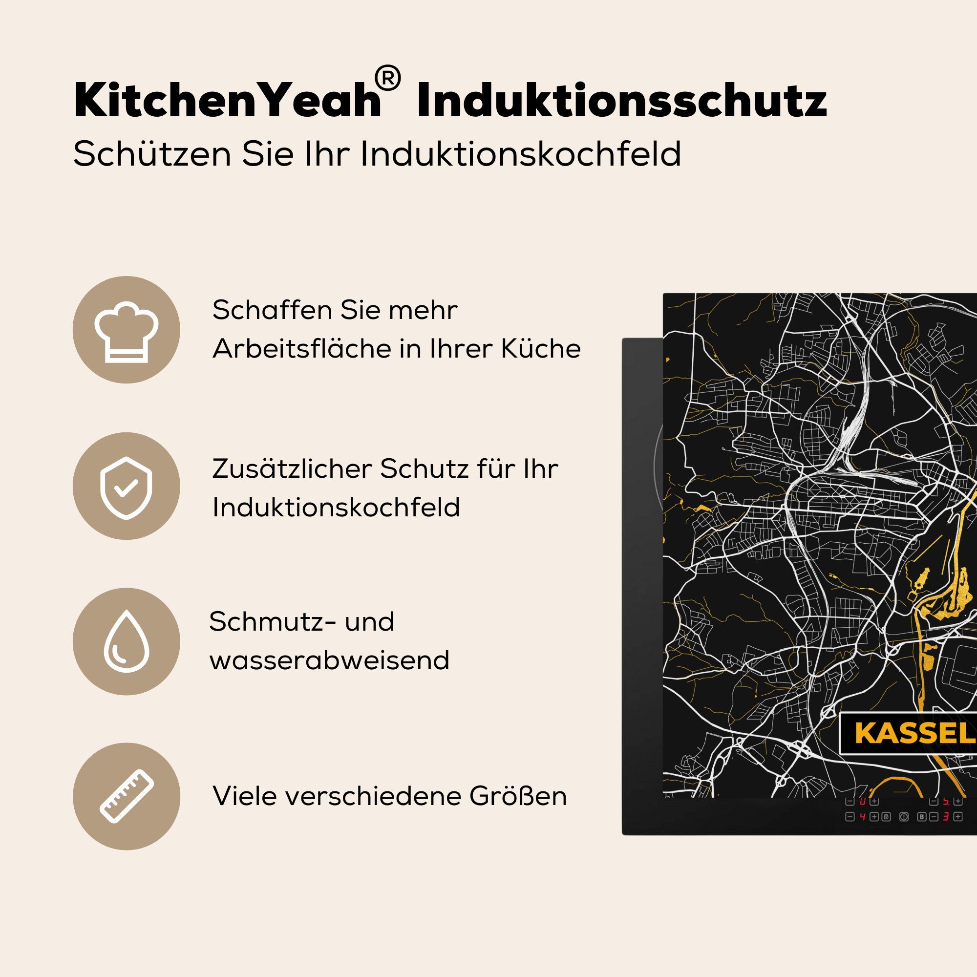 MuchoWow Herdblende-/Abdeckplatte für Deutschland tlg), 78x78 - Ceranfeldabdeckung, - Stadtplan Arbeitsplatte - - cm, Gold, Karte Kassel Vinyl, küche (1