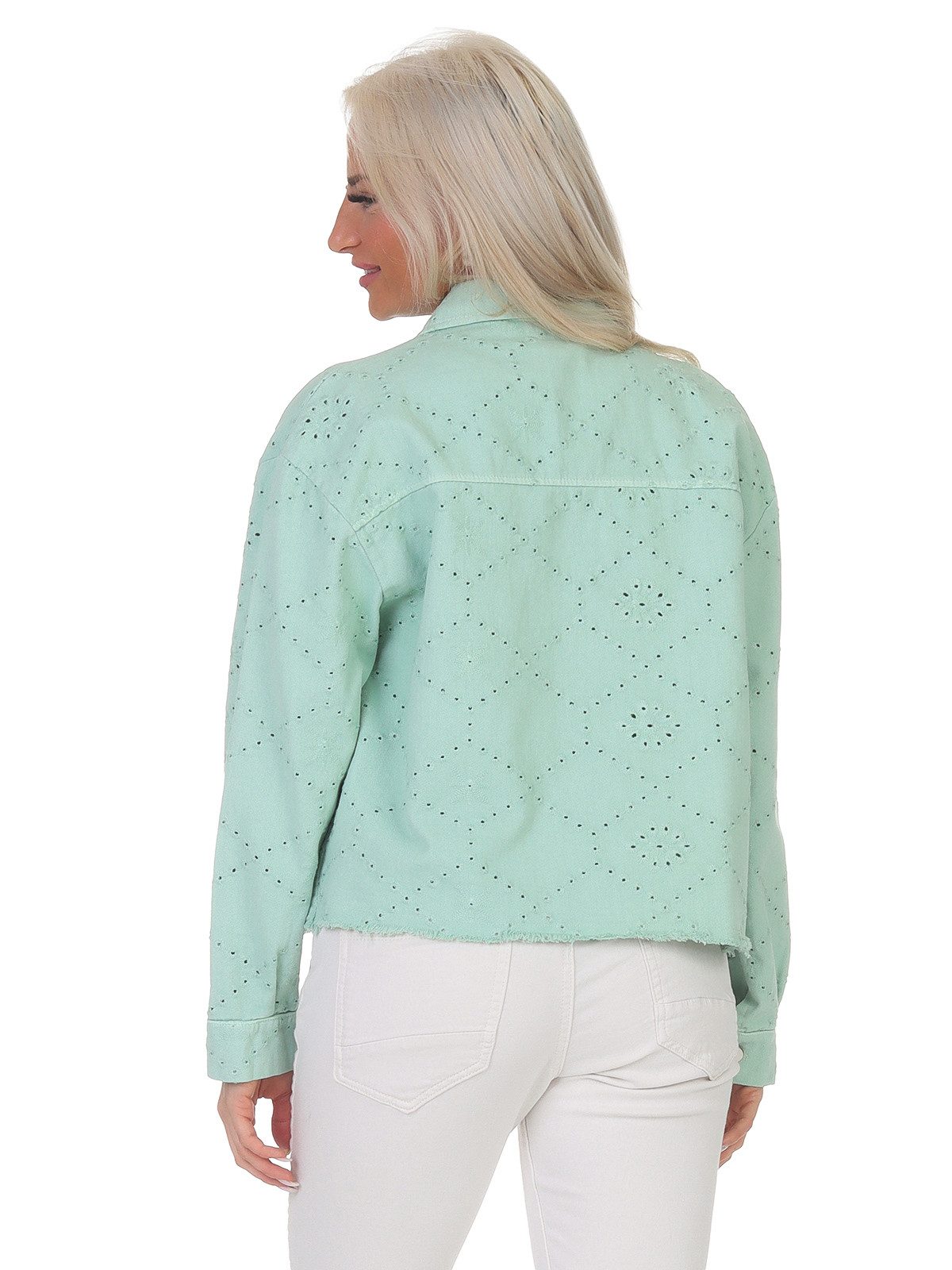 Aurela Damenmode Jeansjacke Damen Sommerjacke Jeanslook leichte Kurzjacke Denim mit Lochstickerei