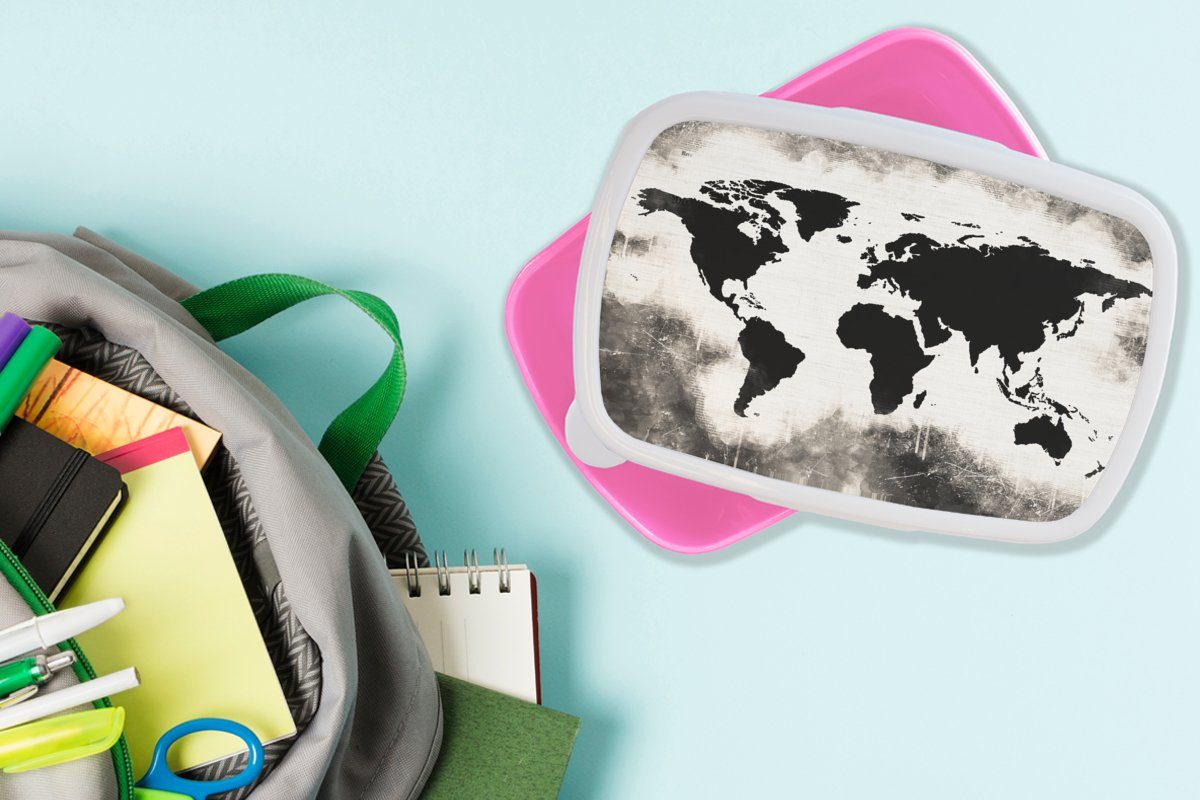Schwarz Brotdose rosa - Kinder, Weltkarte Snackbox, - für Kunststoff, Brotbox - (2-tlg), Holz, Erwachsene, Kunststoff MuchoWow Mädchen, Lunchbox Weiß