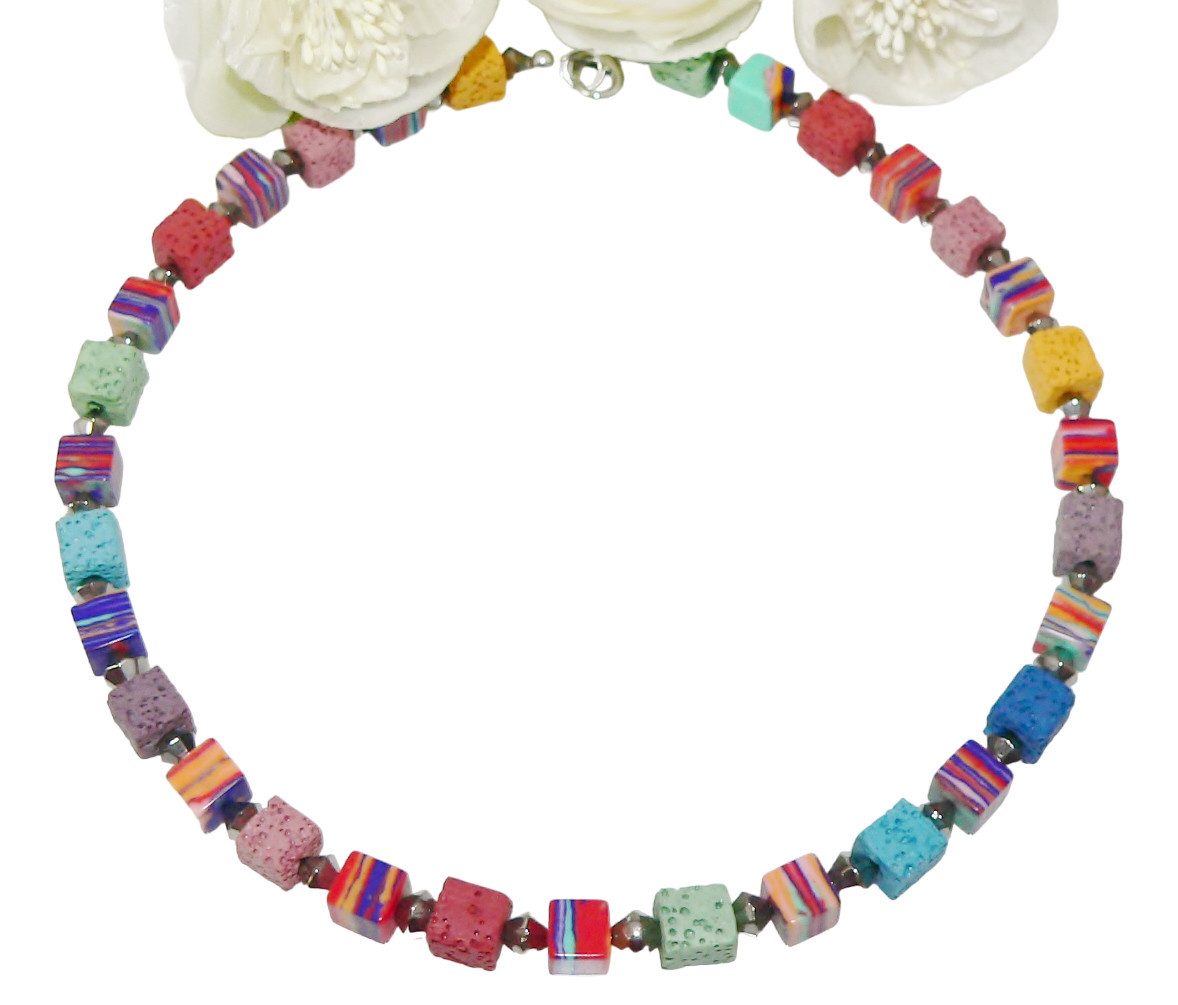 traumschmuck Kette ohne Anhänger 112a Würfelkette Collier Malachit Style Lava mehrfarbig (incl. Schmuckbox), handgefertigt, Made in Germany