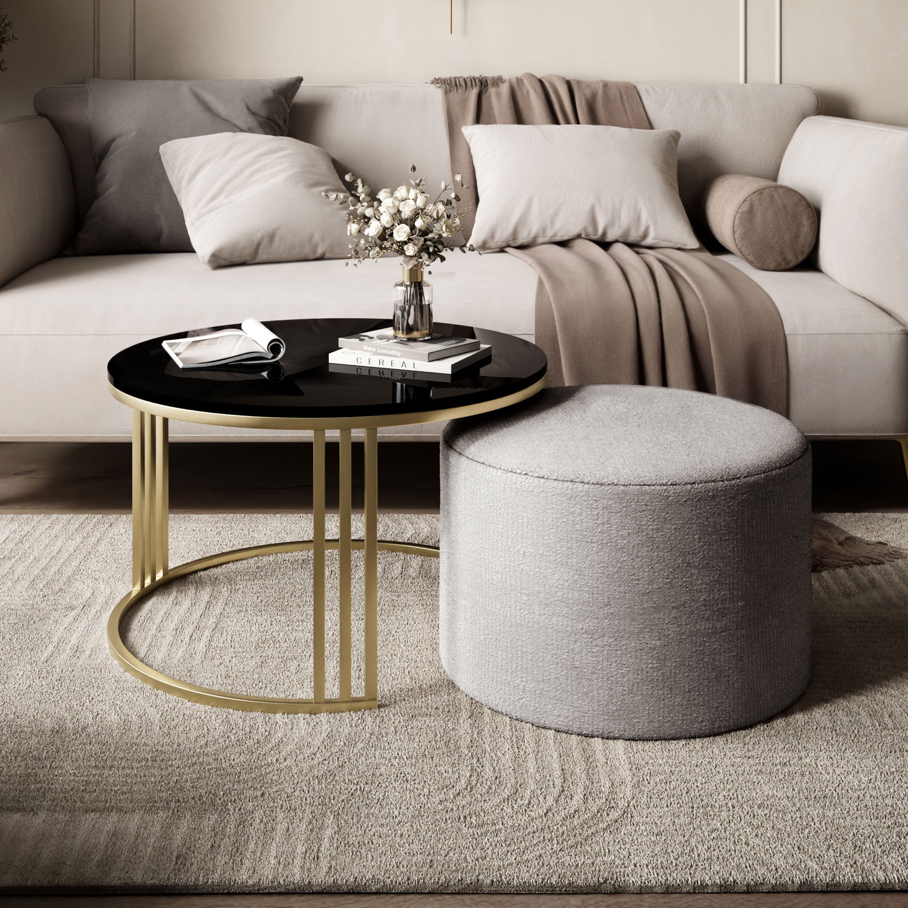 Lookway Couchtisch LORI HOCHGLANZ mit Hocker auf einem gebürsteten goldenen Gestell (1 Tisch mit Hocker), Durchmesser: ⌀70 cm