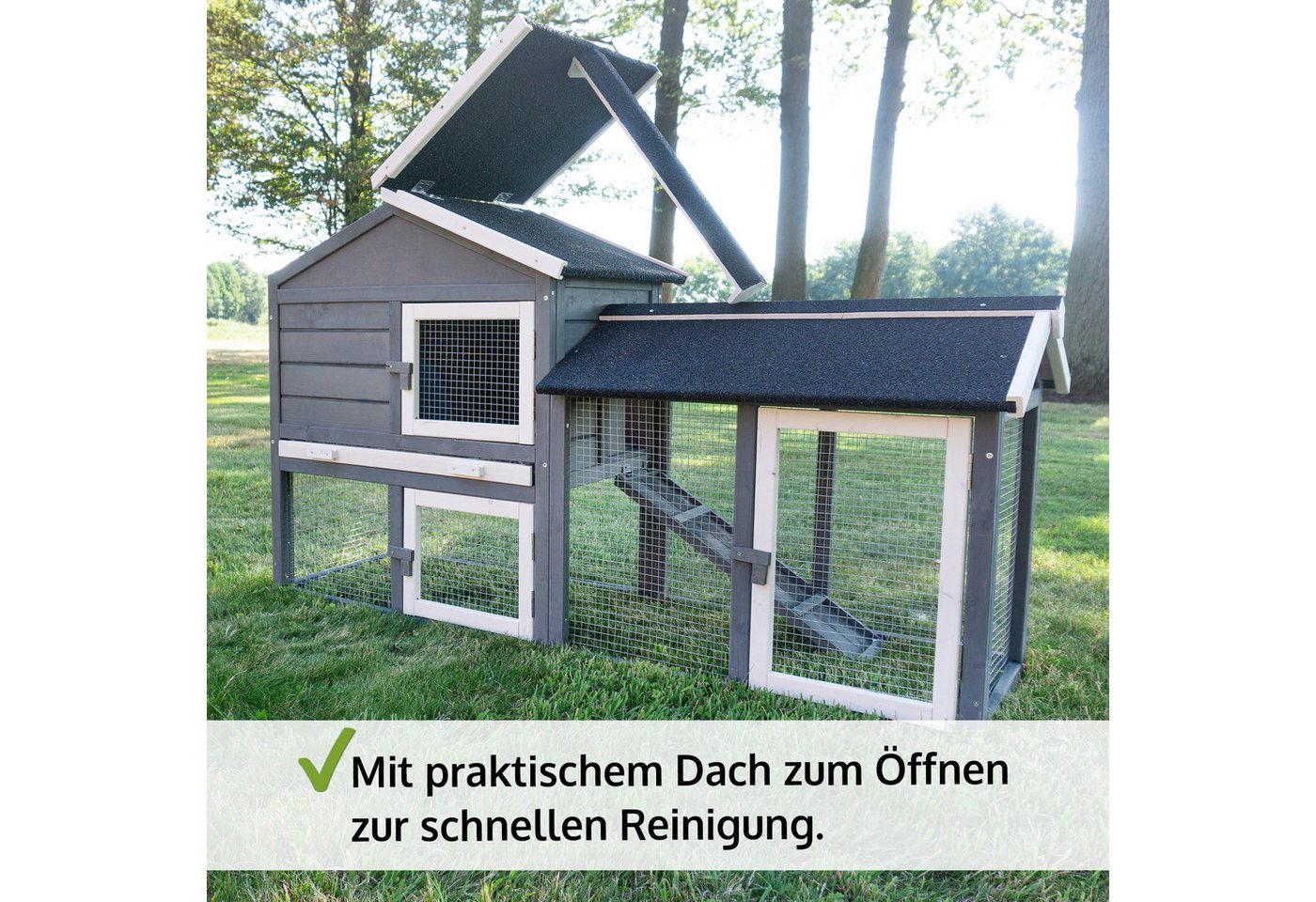 Thumbnail - Zooprinz Kleintierstall Dream Grey mit Auslauf 146x86x50 cm (BxHxT), Kotschublade aus Metall, Lasiertes Kieferholz, Klap...