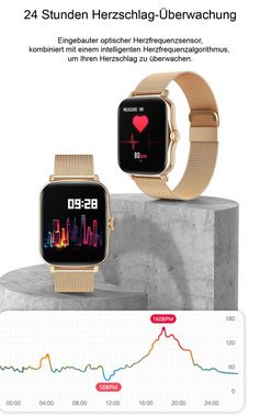 TPFNet SW03 mit Milanaise Armband + Silikon Armband Smartwatch (Android), individuelles Display - Armbanduhr mit Musiksteuerung, Herzfrequenz, Schrittzähler, Kalorien, Social Media etc., Rosa