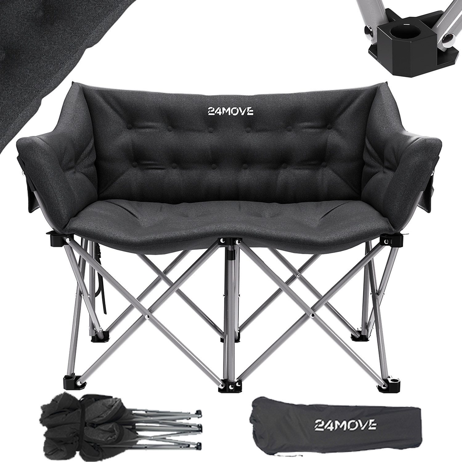 24Move Campingstuhl Campingsofa klappbar 2 Personen gepolstert, Campingsofa mit Seitentaschen, bis max 300kg